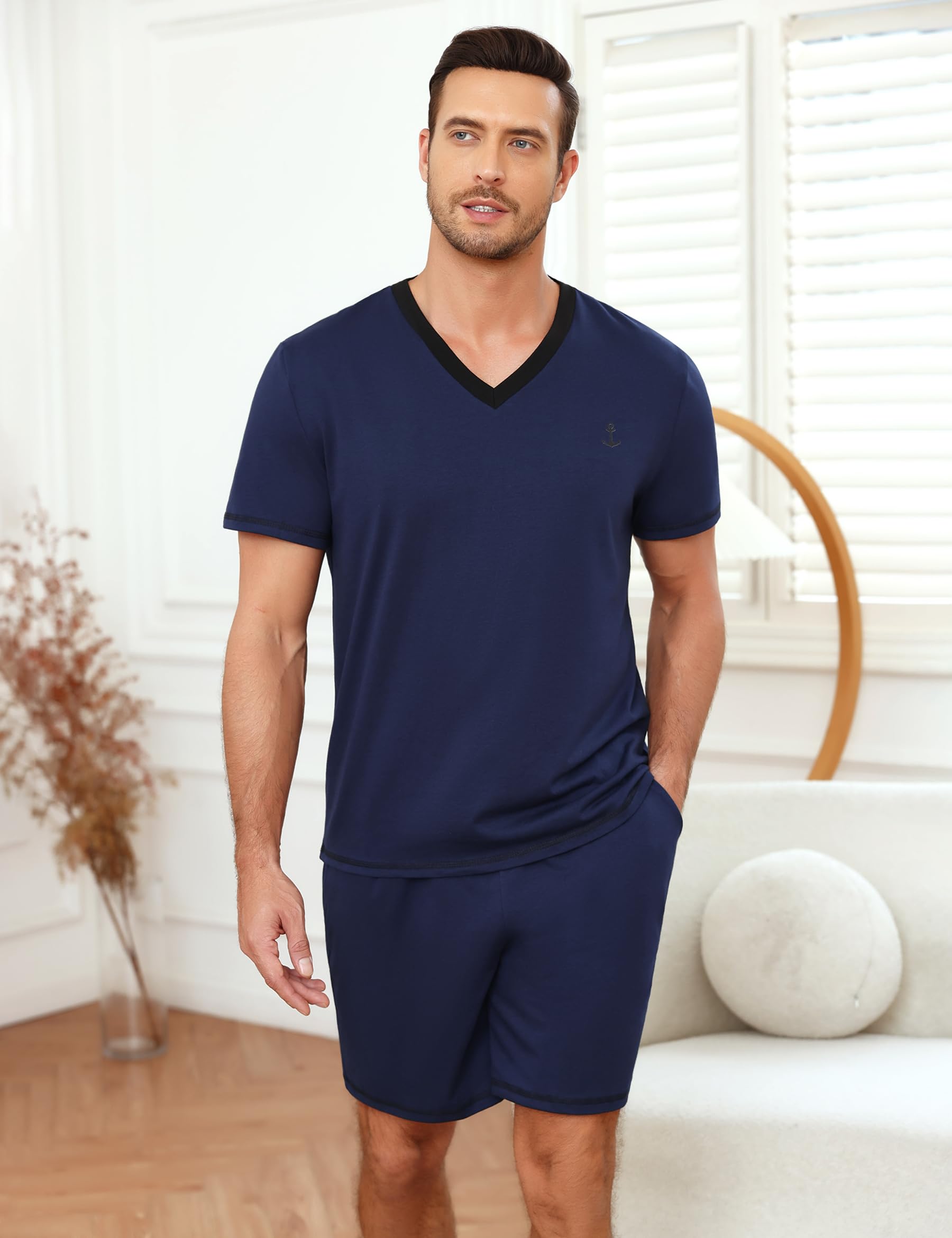 Marvmys Pijamas Hombre Verano Corto Conjunto Algodón Cuello en V Manga Cortas Tops Pijama Pantalones con Bolsillo S-3XL