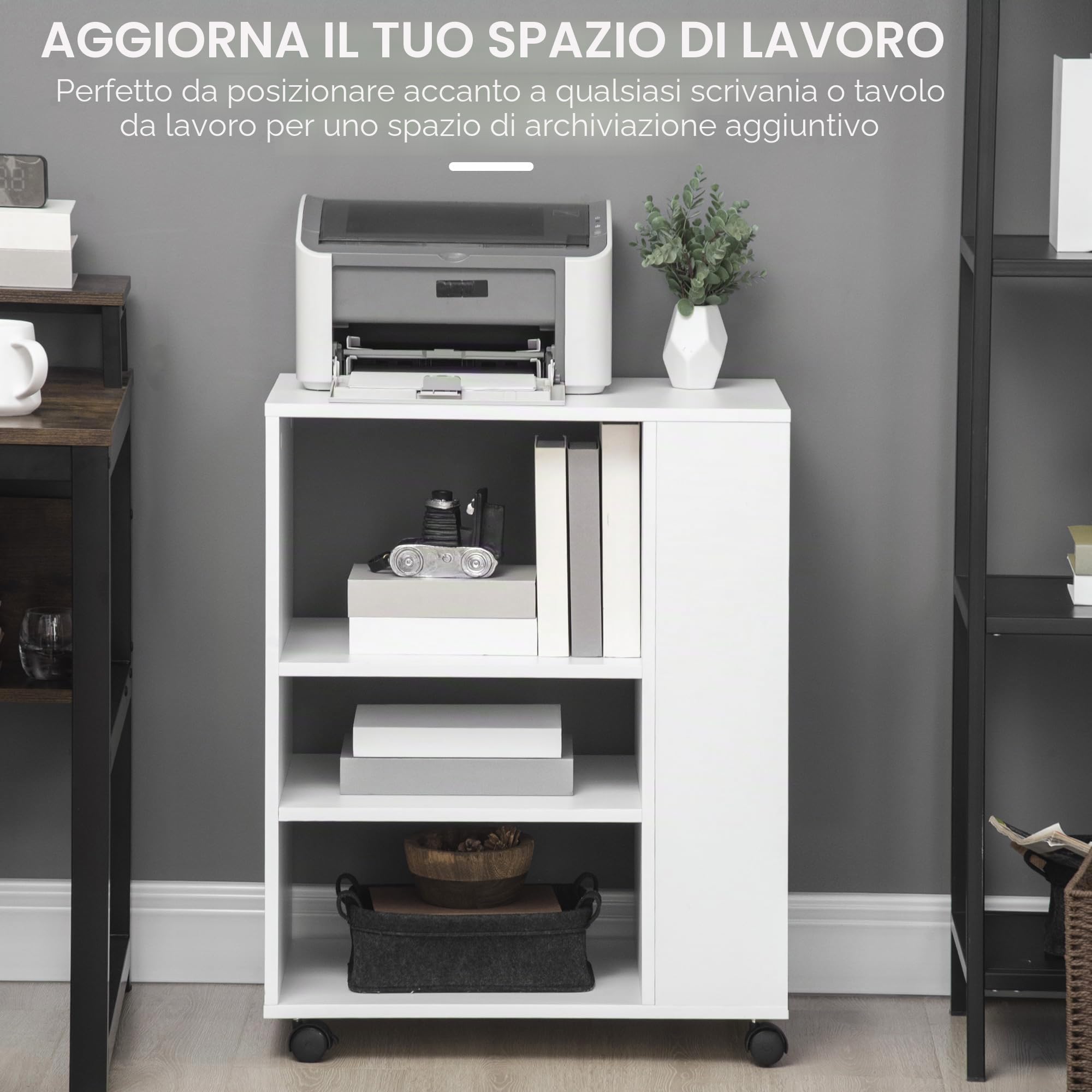 Vinsetto Mobiletto per stampanti e accessori per ufficio su ruote con 3 ripiani laterali e 2 freni Carico 30 kg per camera da letto cucina soggiorno 60x40x75,8 cm Bianco