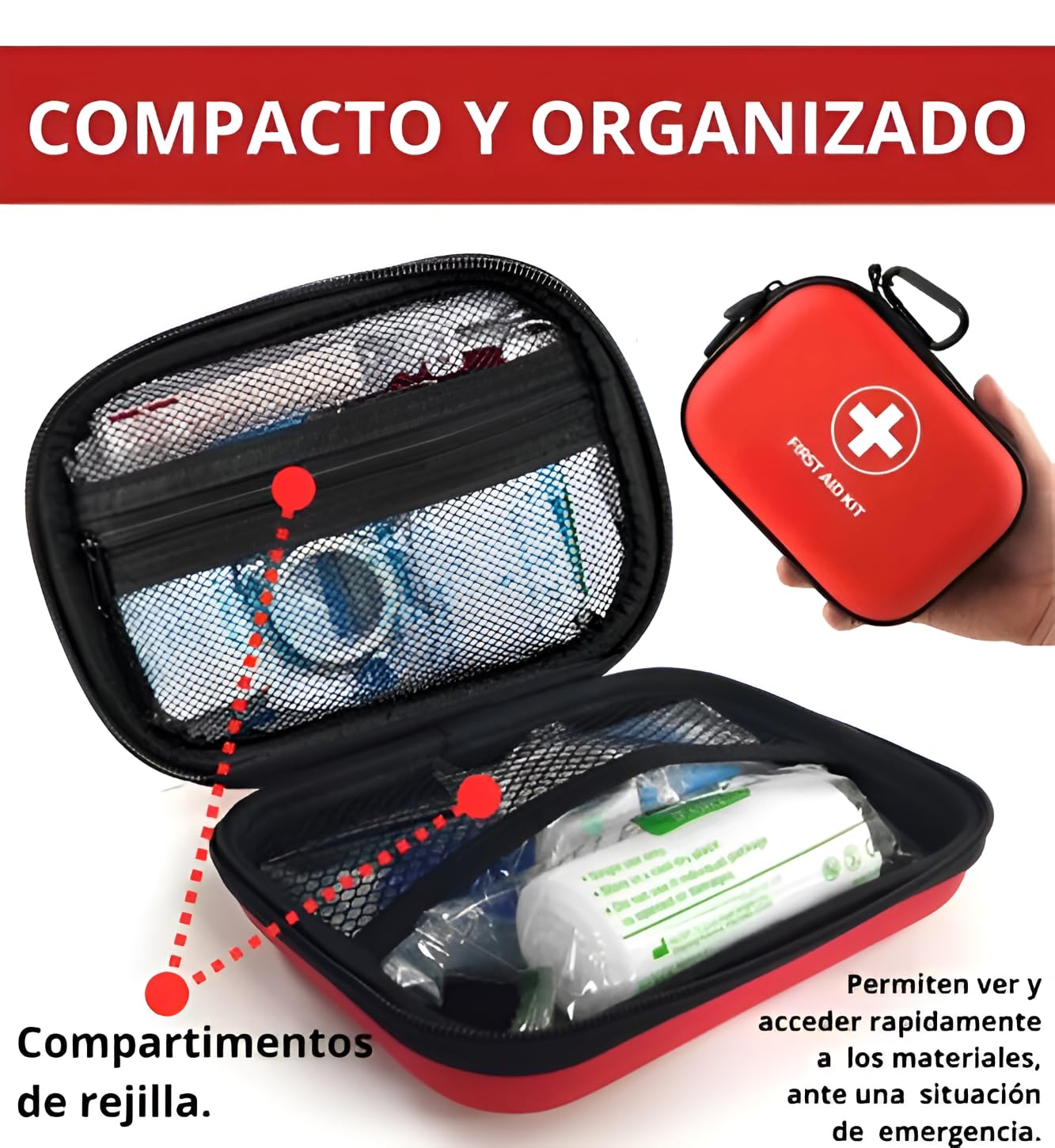 Botiquín de Primeros Auxilios 96 Piezas - Kit de Seguridad para Coche con Martillo Emergencia y Cortador de Cinturón - Estuche Rígido Impermeable