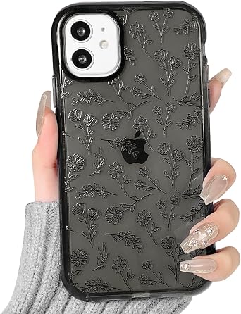 NITITOP Compatible for iPhone 12/12 Pro Case Cute Flower Floral Clear for Women Girl Ultra Slim Crystal Shockproof Soft TPU Anti-Yellow Protective Phone Cover - Black