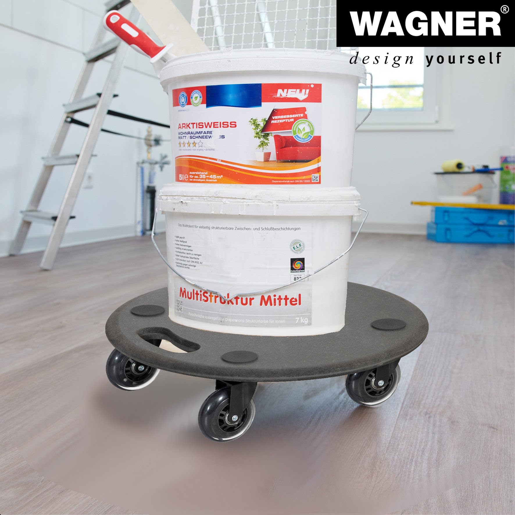 WAGNER Transportroller Transporthilfe 1610 I Plattformwagen schwarz aus MDF I Ø 38 x 11 cm, Tragkraft 250 kg I Möbelroller für Umzüge I Rollbrett rund I Lastenroller mit Tragegriff I FSC®