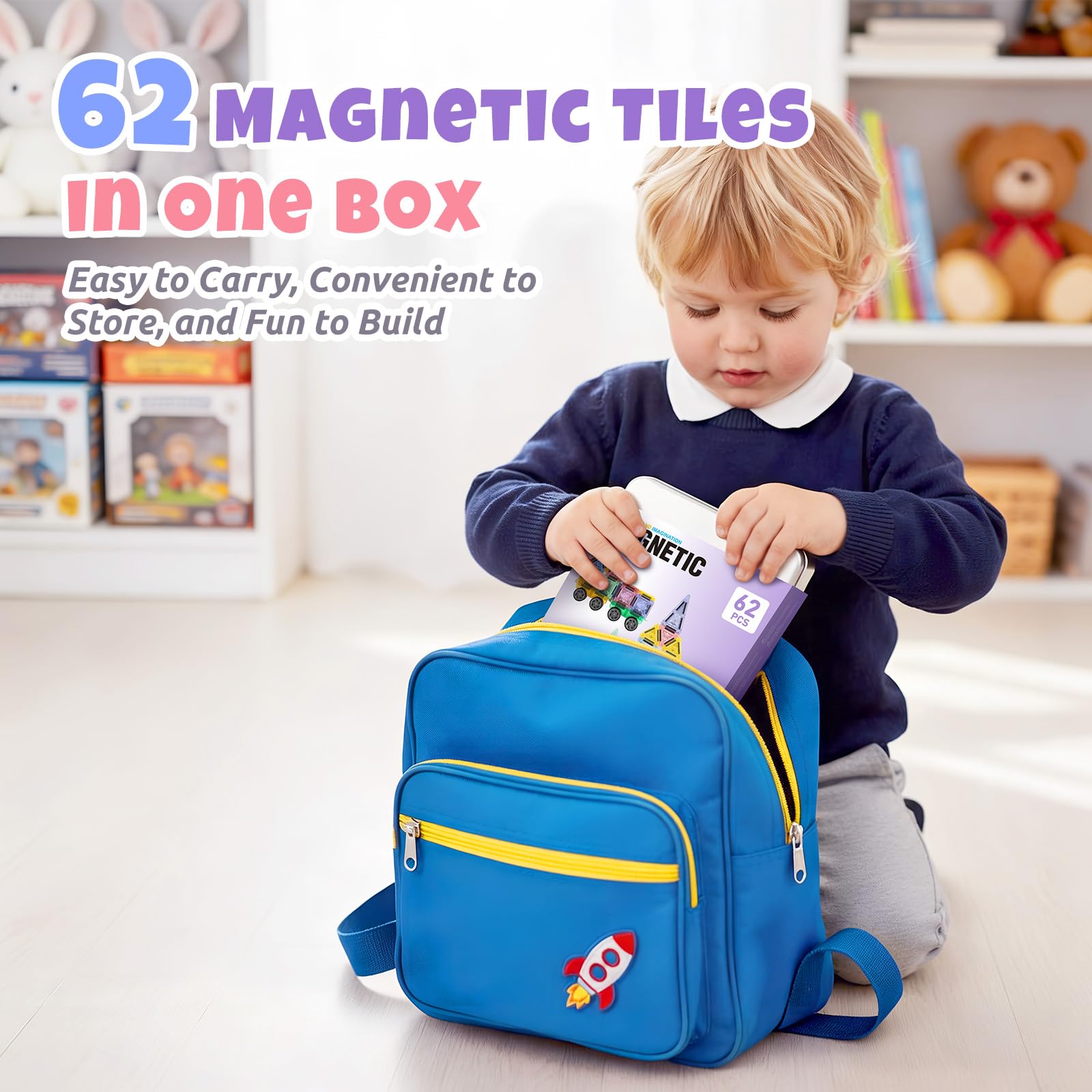 GAGAKU Mini Bloques de Construcción Magnéticos 62 piezas Azulejos Magnéticos, Juguetes para niños a partir de 3 4 5 6+ años niños niñas Bloques Magnéticos Juguetes Sensoriales