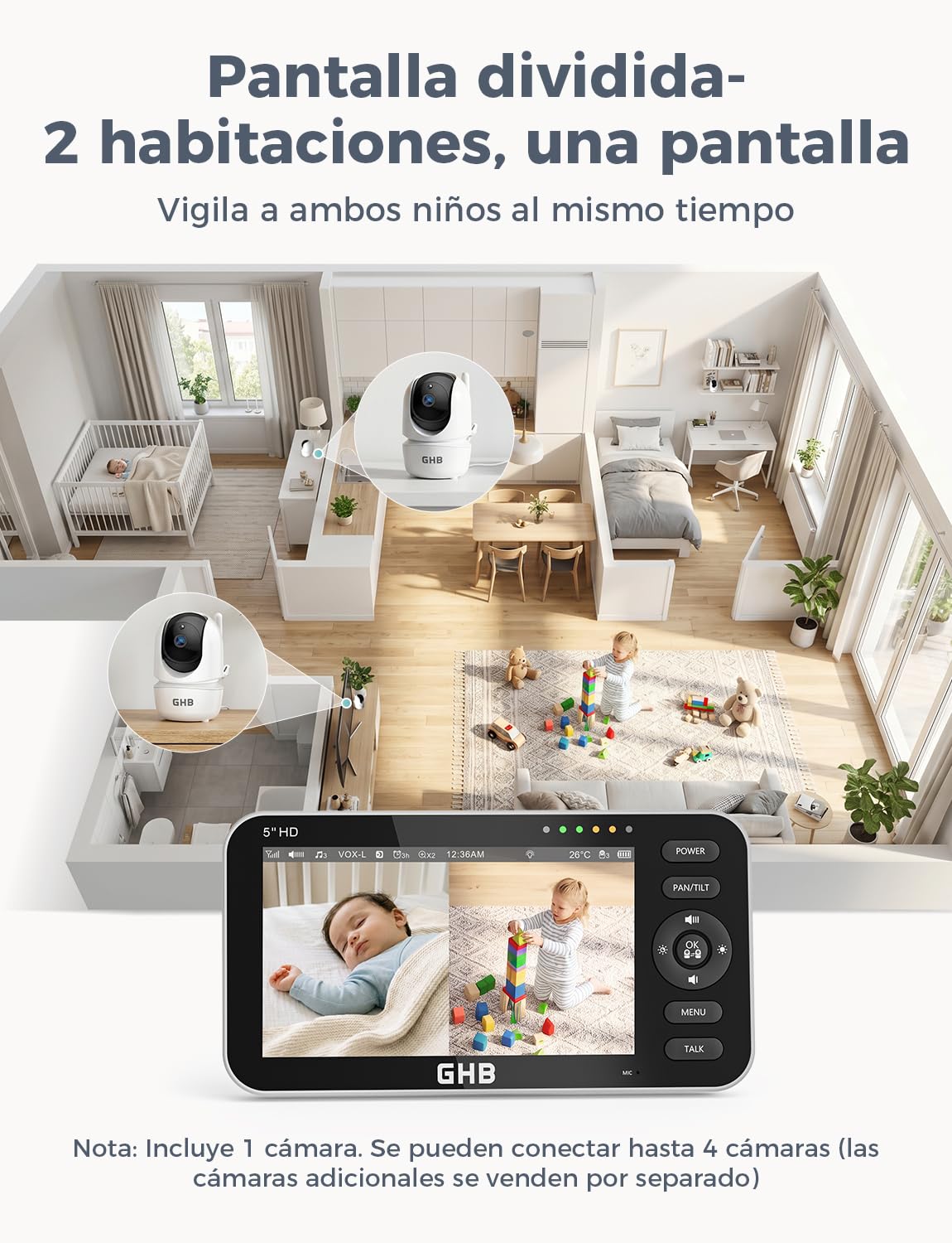 GHB Camara Vigilancia Bebe con 5" HD Pantalla Vigilabebés con Cámara, Batería de 4000mAh Soporta 4 Cámaras, Pantalla Dividida, 4×Zoom, Visión Nocturna, Comunicación Bidirecciona Escucha Bebes