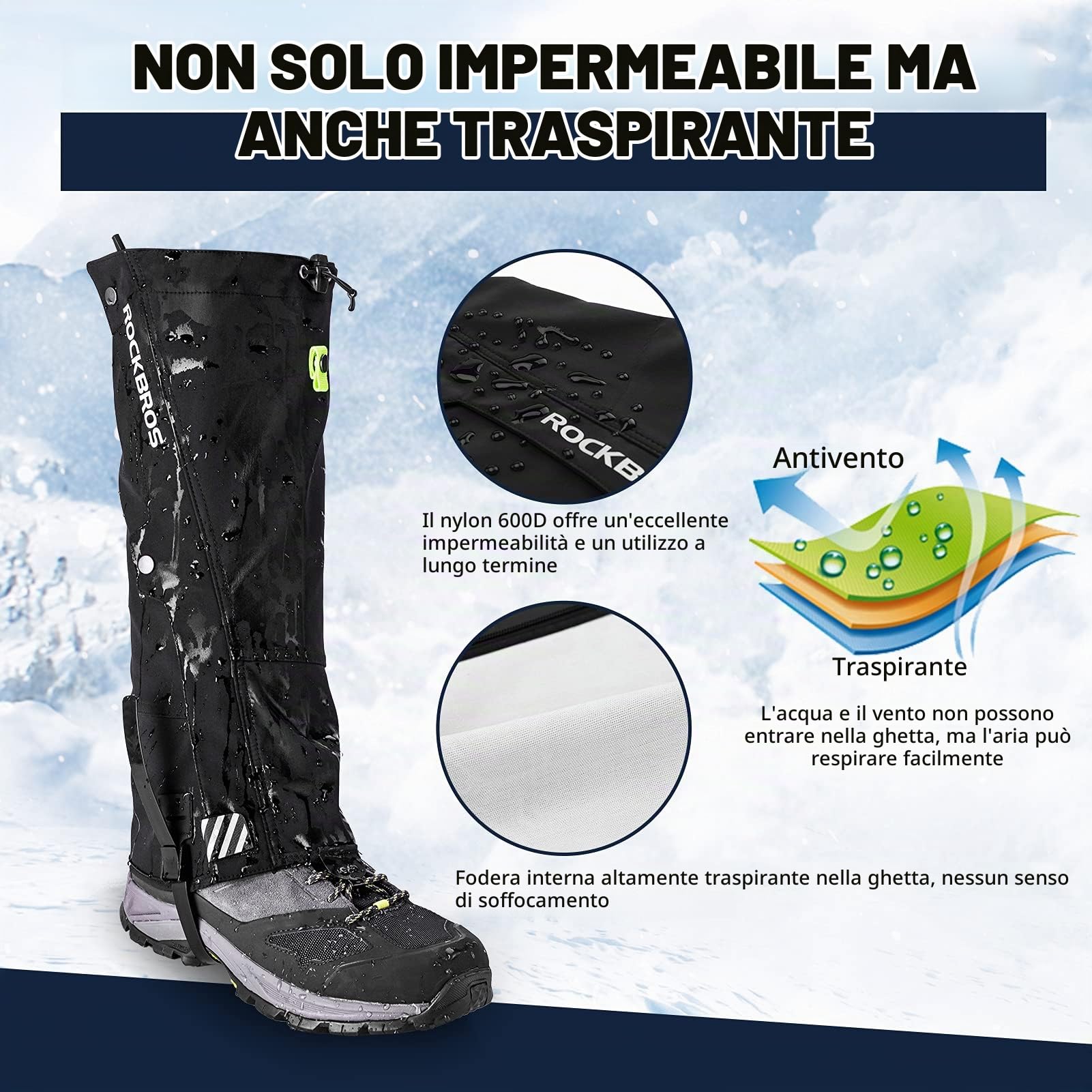 ROCKBROS Ghette Impermeabili Calde Outdoor da Sci, Attrezzatura da Sci, Gambali Antipioggia Anti-Neve per Escursionismo, Trekking, Correre, Alpinismo, Arrampicata Anti-Fango Invernale Unisex S-3XL