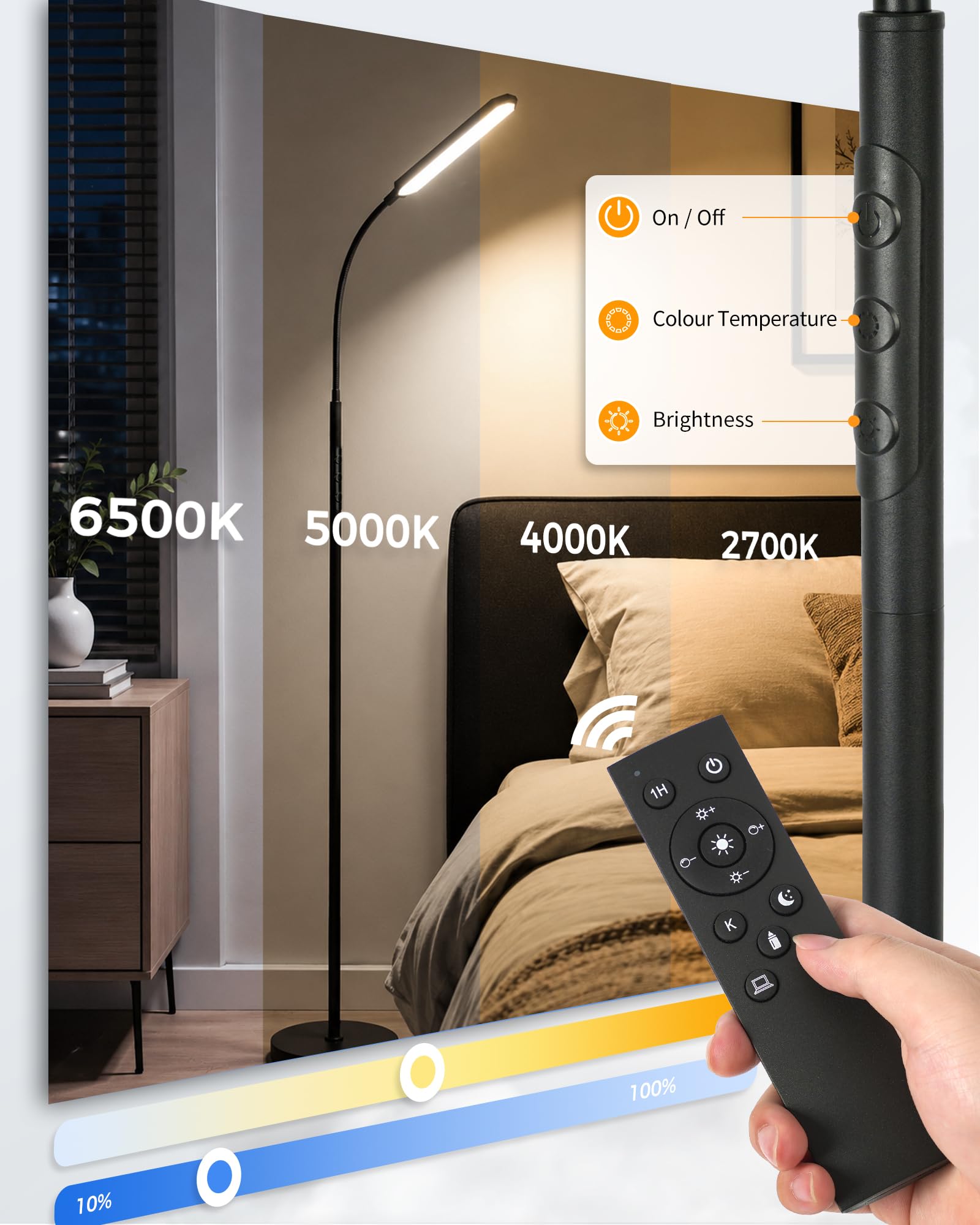 Lampe sur pied LED noire dimmable 18W avec télécommande, lampe de lecture moderne pour chambre salon bureau