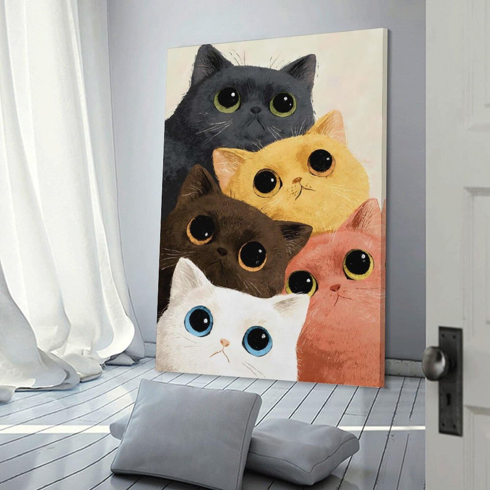 Junmoney Cute Cats Illustration Decorative Wall Artwork 24x36inch(60x90cm), for Living Room, Lounge Or Sitting Room, A Home Accent with Warm Character