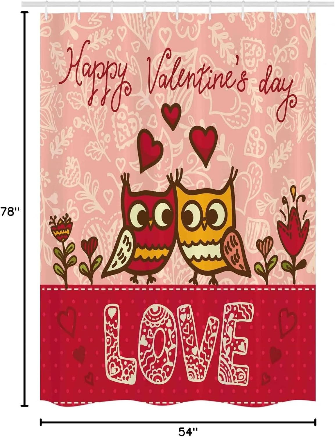 Ambesonne Valentines Day Stall Shower Curtain, Owls in Love Print Partners Couples Boho Style Hearts Flowers Dots, Fabric Bathroom Decor Set with Hooks, 54" W x 78" L, Pink Red Yellow