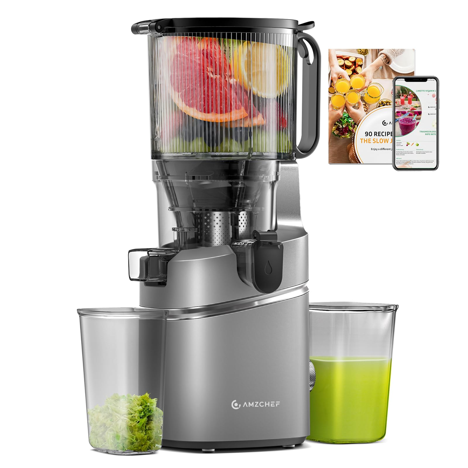 AMZCHEF Juicer Machines, 5.8" Extra Self-Feeding Cold Press Juicer for Whole Vegetable & Fruit, Juice Extractor Machine with Large Auger & Triple Strainers, Easy to Clean, High Juice Yield, Grey