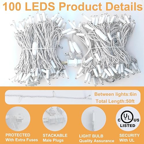 Miniatura 6 de Luces LED de Navidad, 100 unidades, luces de Navidad de 50 pies para exteriores e interiores, grado comercial, cable blanco resistente, luz blanca