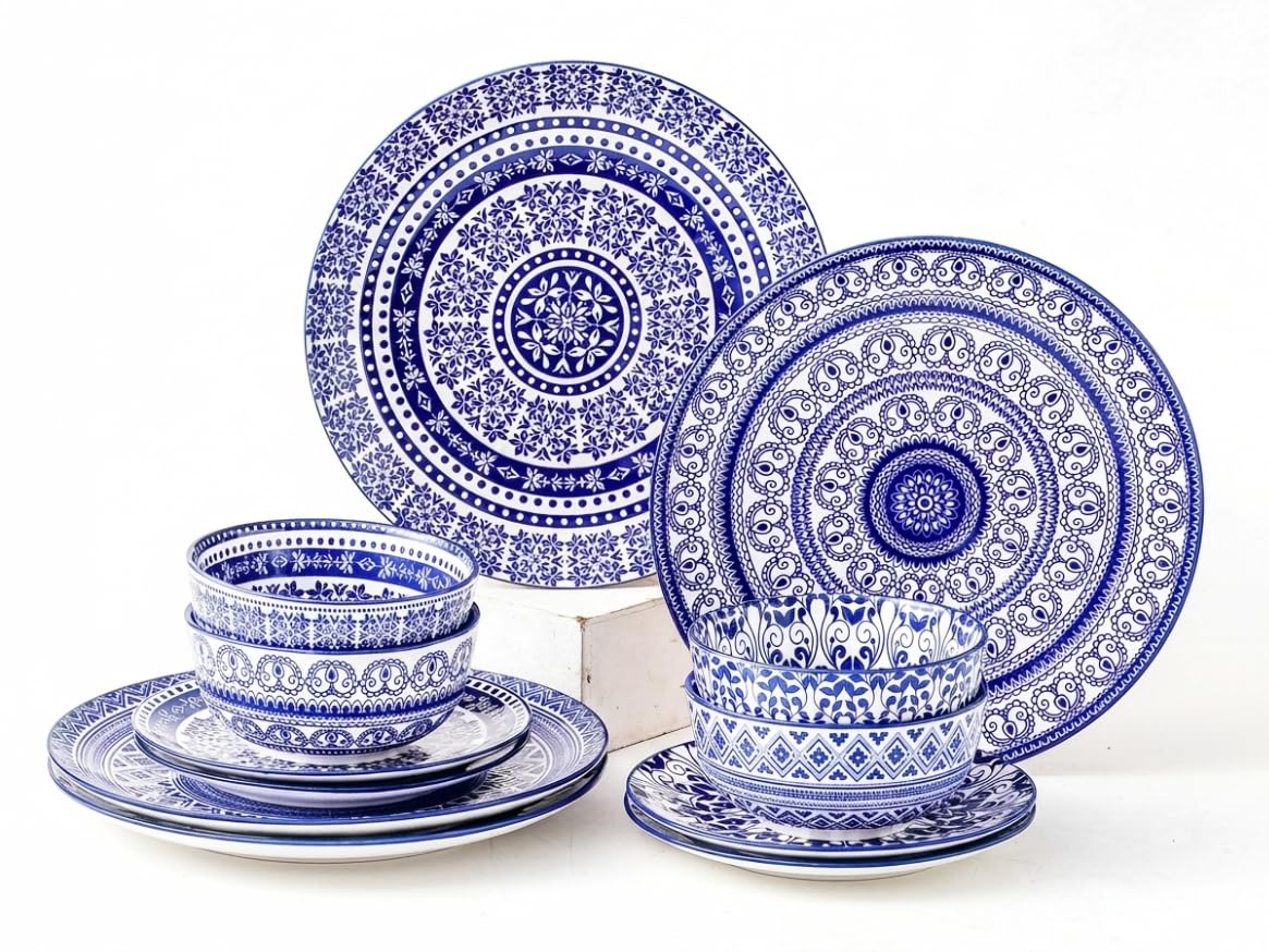 simpa 12PC Blue Florentine Porcelain Dinner Set. 4 Dinner Plates, 4 Side Plates & 4 Bowls. Dishwasher & Microwave Safe.