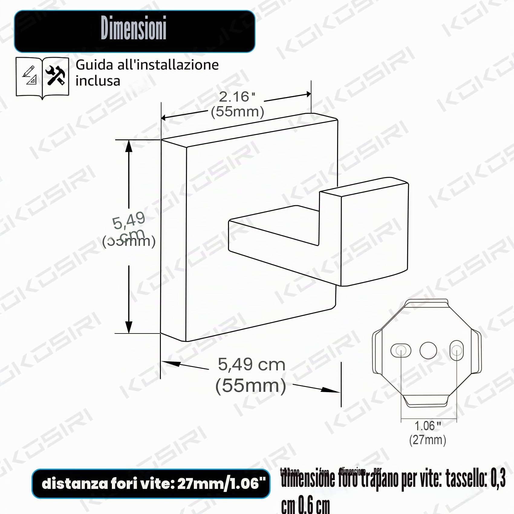 KOKOSIRI Gancio per asciugamano da bagno, da parete, quadrato, per accappatoio, bagno, cucina, garage, resistente, in acciaio inox SUS 304, confezione da 3 pezzi, nero opaco, B1010BK-P3