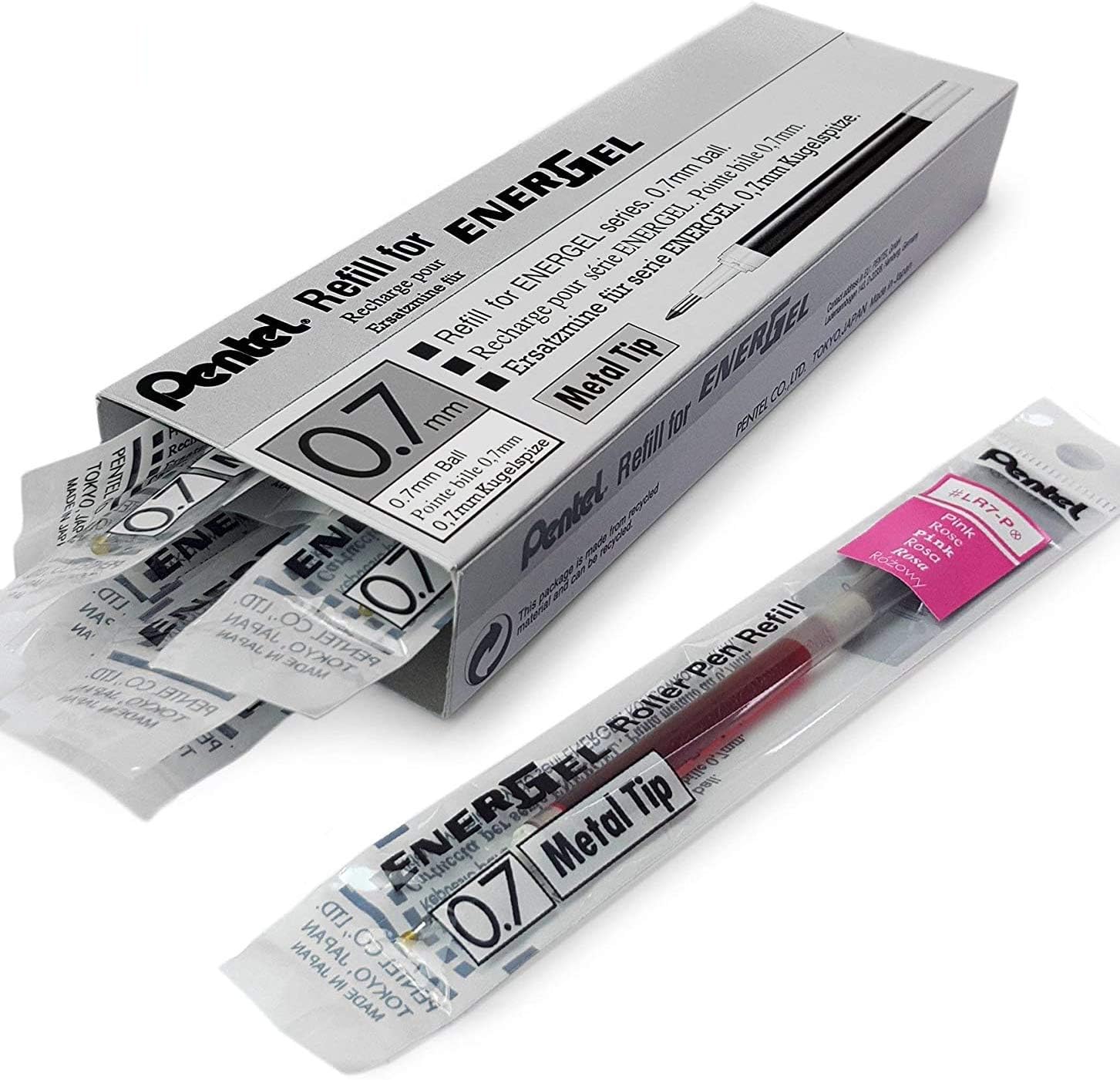 Box of 12 x PENTEL Energel 0.7mm Refill Metal Tip LR7 - Fits Energel Xm, BL77/BL57/BL37 - Pink Ink