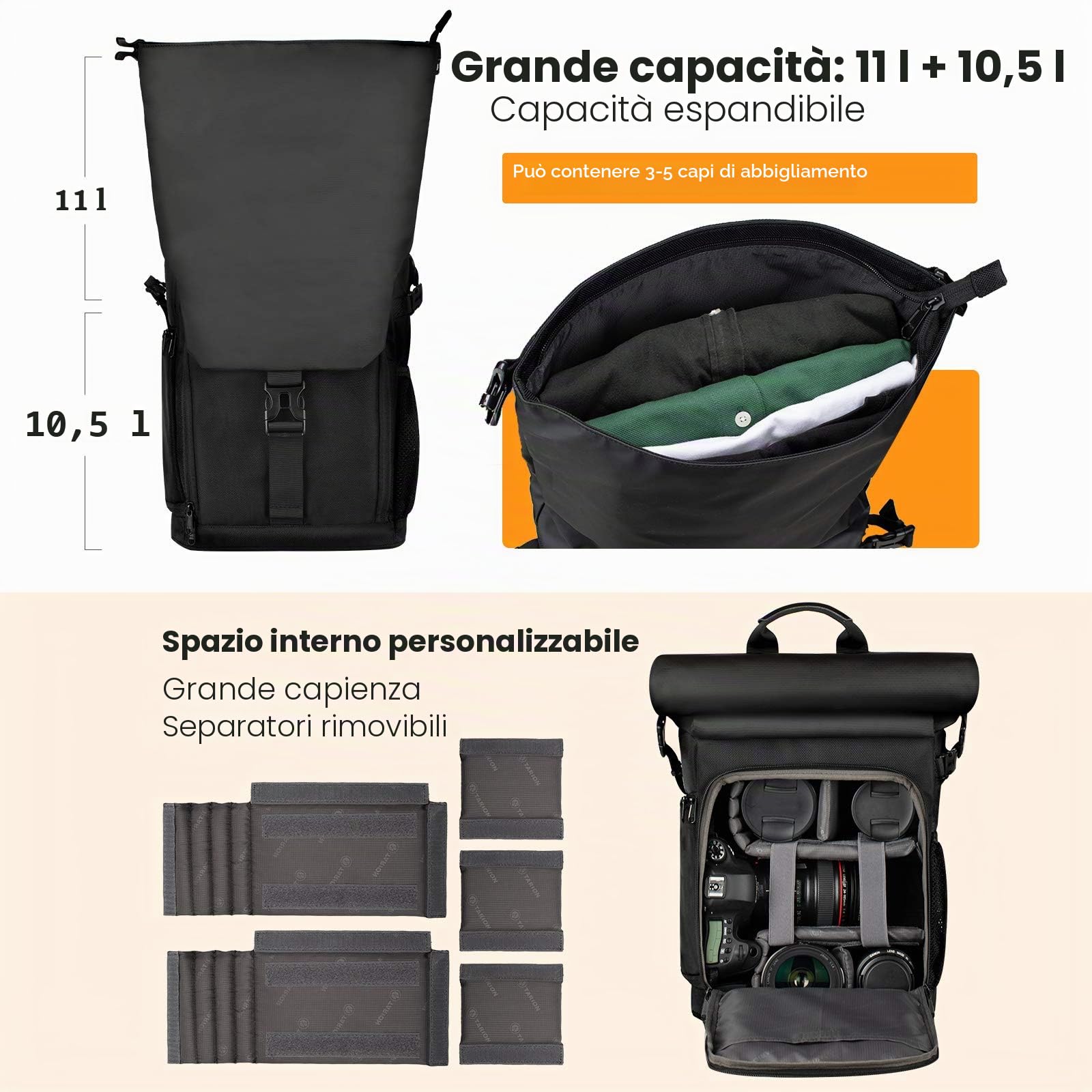 TARION Zaino per fotocamera Rolltop impermeabile per fotocamera DSLR zaino con custodia per laptop da 15,6 pollici e custodia antipioggia