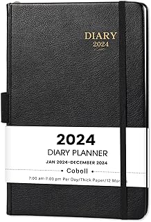 2024 Diary - Diary 2024 Day to Page from January 2024 to December 2024, Daily Journal with Leather Cover, Inner Pocket and Extra Note Pages, 21 x 14.8 cm, Black