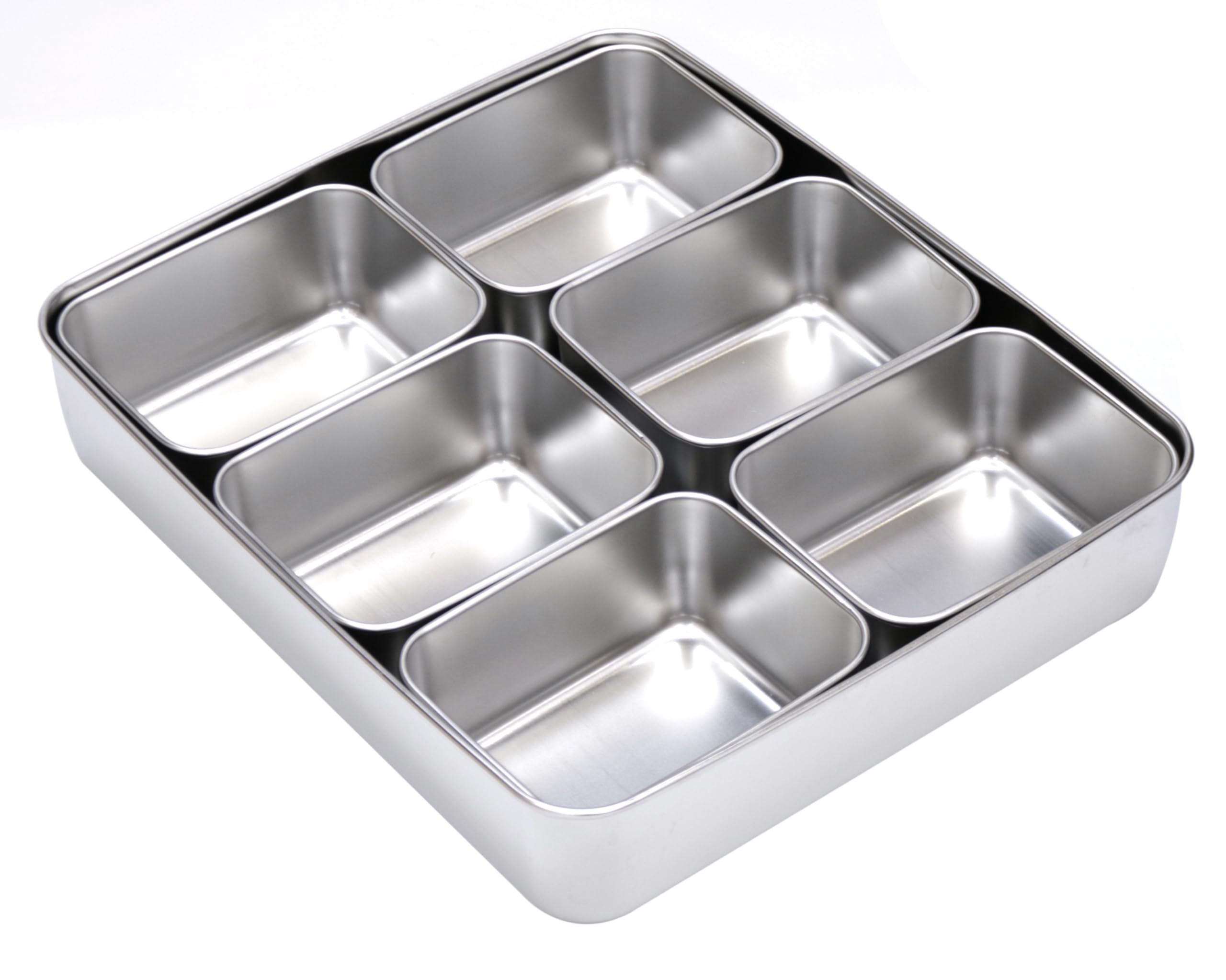 Grace Stainless Steel Seasoning Box with Lid and Holder Tray, Divided Compartments Rectangle Masala Spice Container, Kitchen Condiment Storage Spice Box (6 COMPARTMENTS - 33.5X29X6CM)