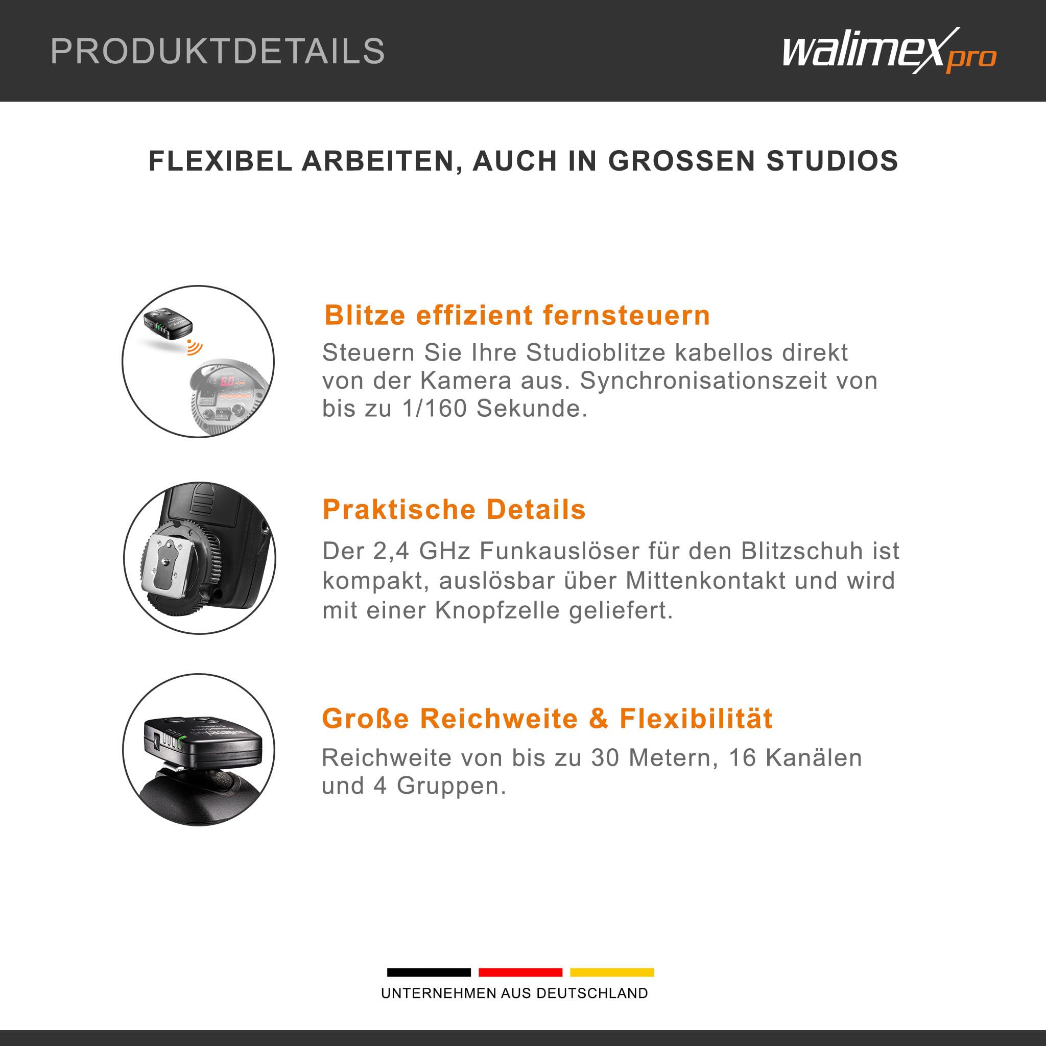 Walimex pro VE & VC & Newcomer Studioblitz Auslöser - Kabellose Fernsteuerung bis zu 30 m, Blitzauslöser mit 16 Kanäle, 4 Gruppen, 1/160 Sek. Synchronisation - Perfekt für schnelle Bewegungen