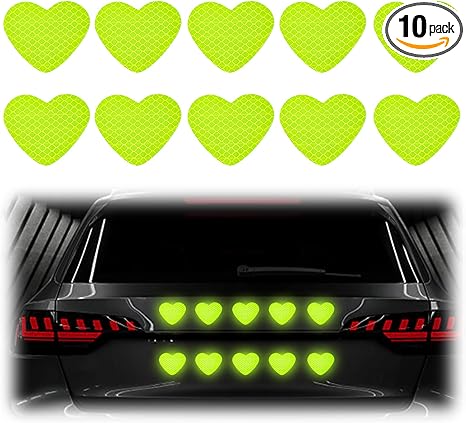 10PCS Heart Shape Vinyl Decal for Cars, High Intensity Reflective Car Stickers Night Safety Sign for Bumper Window, Waterproof Auto Decals Scratch Cover Decoration, Car Accessories (Yellow)
