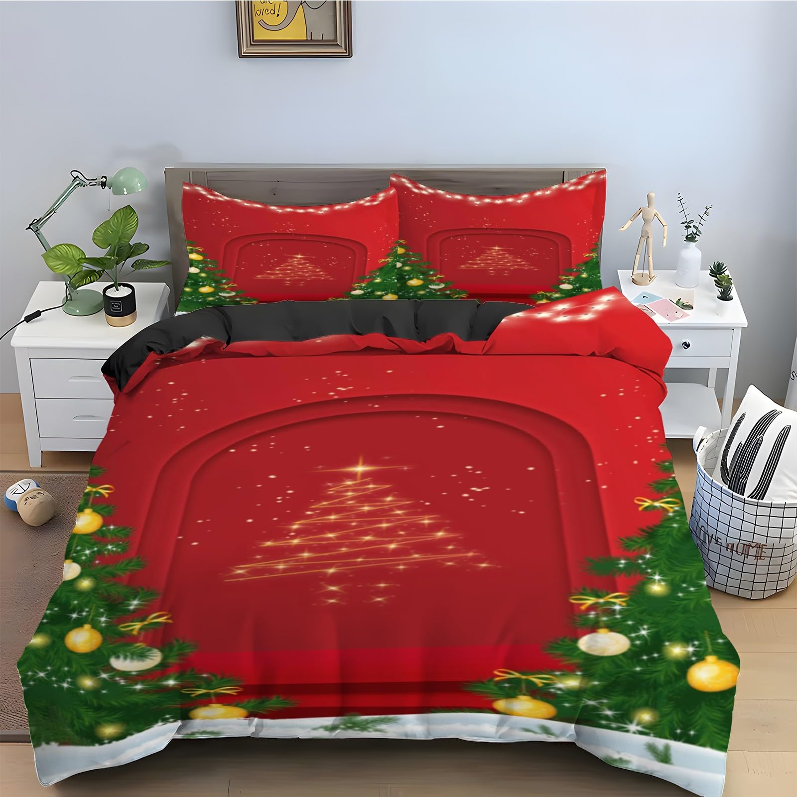 Housse de couette 160x200 rouge avec ses 2 taies d'oreiller assorties