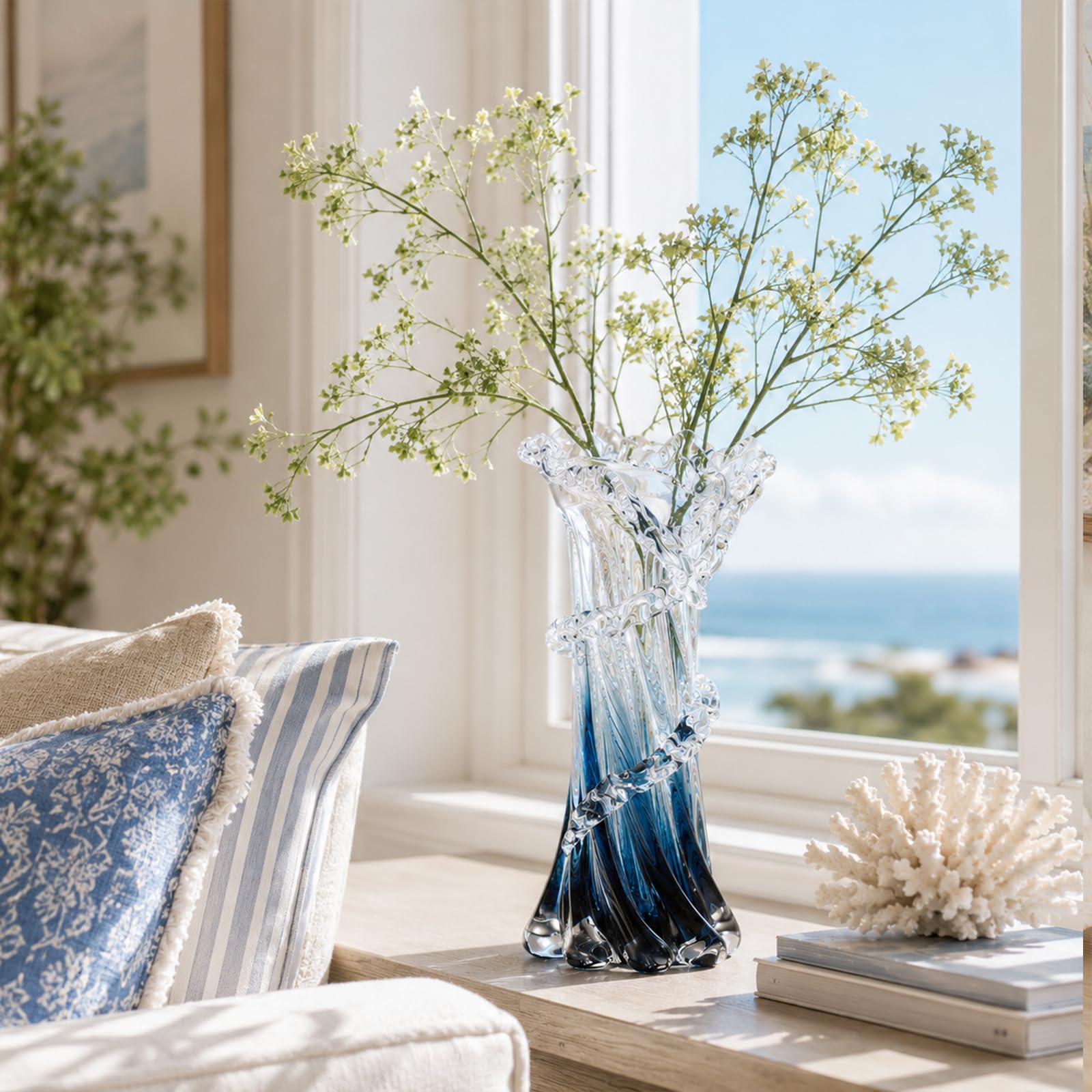 Blau-weiße klare Wellenvase mit Farbverlauf, mundgeblasene Murano-Glasvase, einzigartige Kunst, dekorativ, für Ozean-Thema, Küste, Zuhause, Mittelstück, modernes Büro, Eingangsbereich
