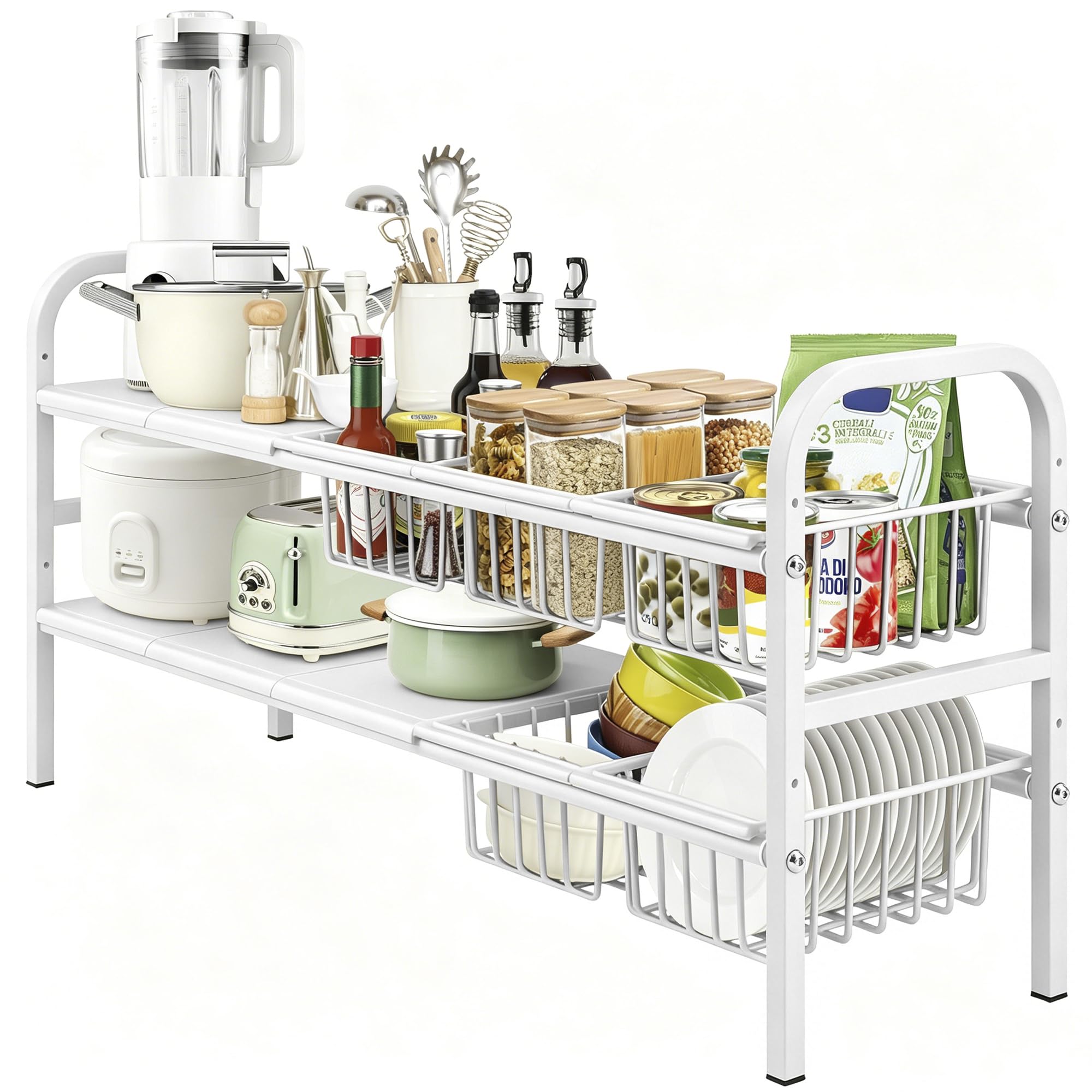 AKOZLIN 2-poziomowy wysuwany organizer pod zlewozmywak, szerokość 53-88 cm x głębokość 24,7 cm x wysokość 48,5 cm, półka pod szafkę z koszami (kolor biały, 5 płyt, 5 koszów)