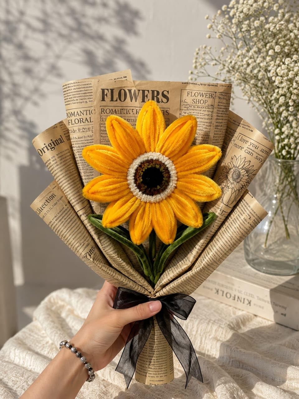 Handmade Sunflower Pipe Cleaner Bouquet for Birthday, Anniversary, Valentine & Graduation, Aesthetic Artificial Fuzzy Chenille Flower Bouquet with Vintage Wrapping Paper & Ribbon (Yellow Sunflower)-image-39