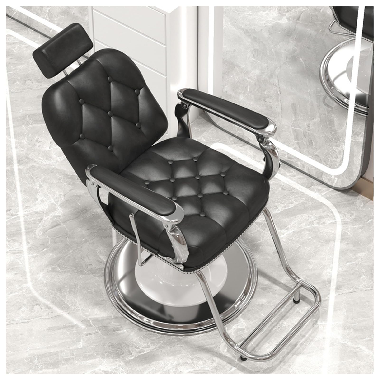 Hydrauliczny fotel fryzjerski – z oparciem na głowę/podnóżkiem, obrót o 360 stopni, skórzany,Black,B | 1