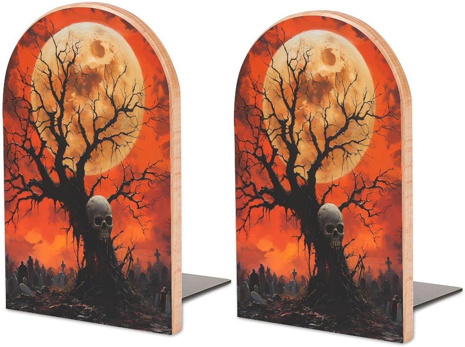 Death Skull Tree Moon Tombstone Cute Wood Book Ends Decorative Bookends 1 Pair Non-Skid for Shelves Home Office 7 X 5 Inch