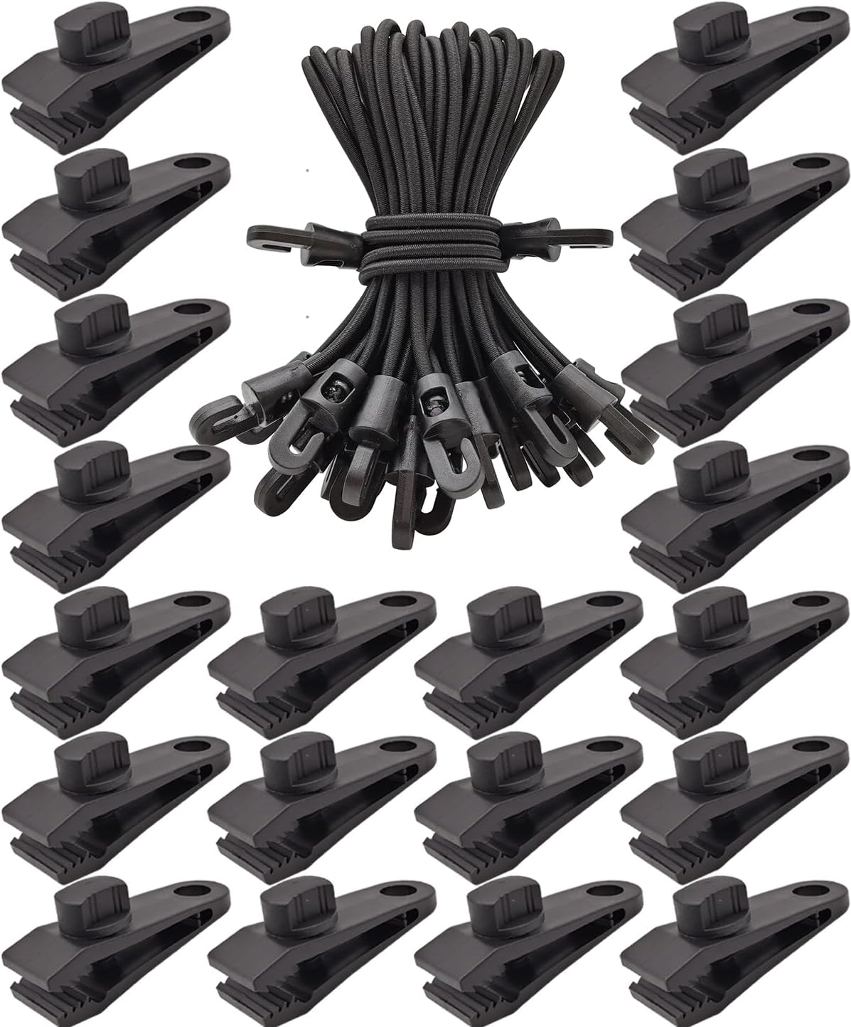 Tarp Clip Heavy Duty Lock Grip, 40 Pack Bungee Cord with Clips Set, Heavy Duty Tarp Clamps Tie Downs for Pool Awning Cover, Car Cover (Black)