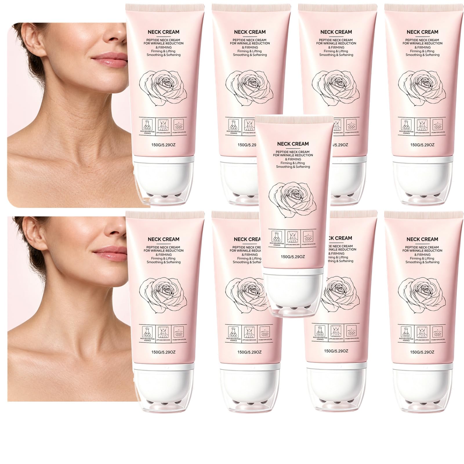 Crema Collo Peptide con Rullo Massaggiante per l'Idratazione, Crema Idratante Lisciante per la Pelle Morbida ed Elastica, Idratante Idratante per la Pelle Secca, Delicata Routine Quotidiana (9PCS)