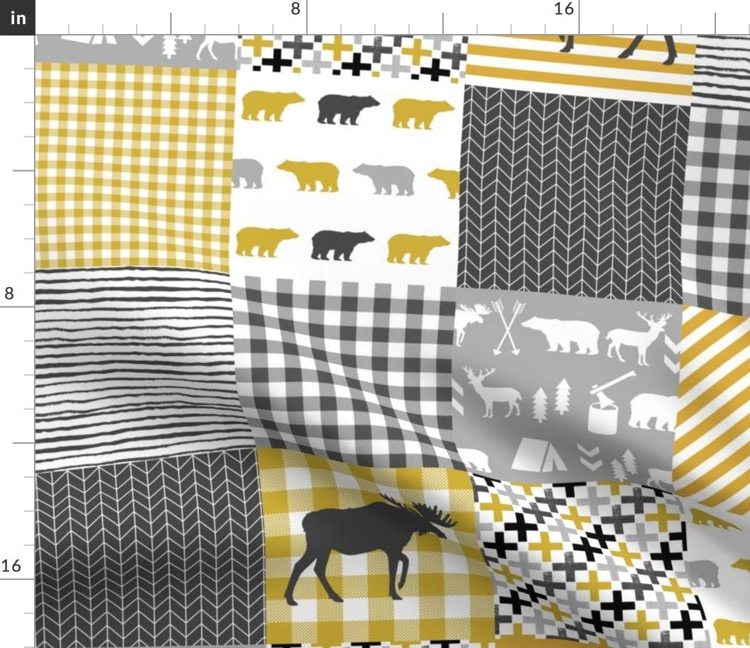 Spoonflower Fabric - Moose Mustard Gray Patchwork Squares Nursery Quilt Wholecloth Cheater Printed on Petal Signature Cotton Fabric by The Yard - Sewing Quilting Apparel Crafts Decor