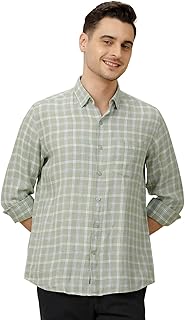 Linen Club Men's Pure Linen Green Checked Contemporary Fit Full Sleeve Casual Shirt