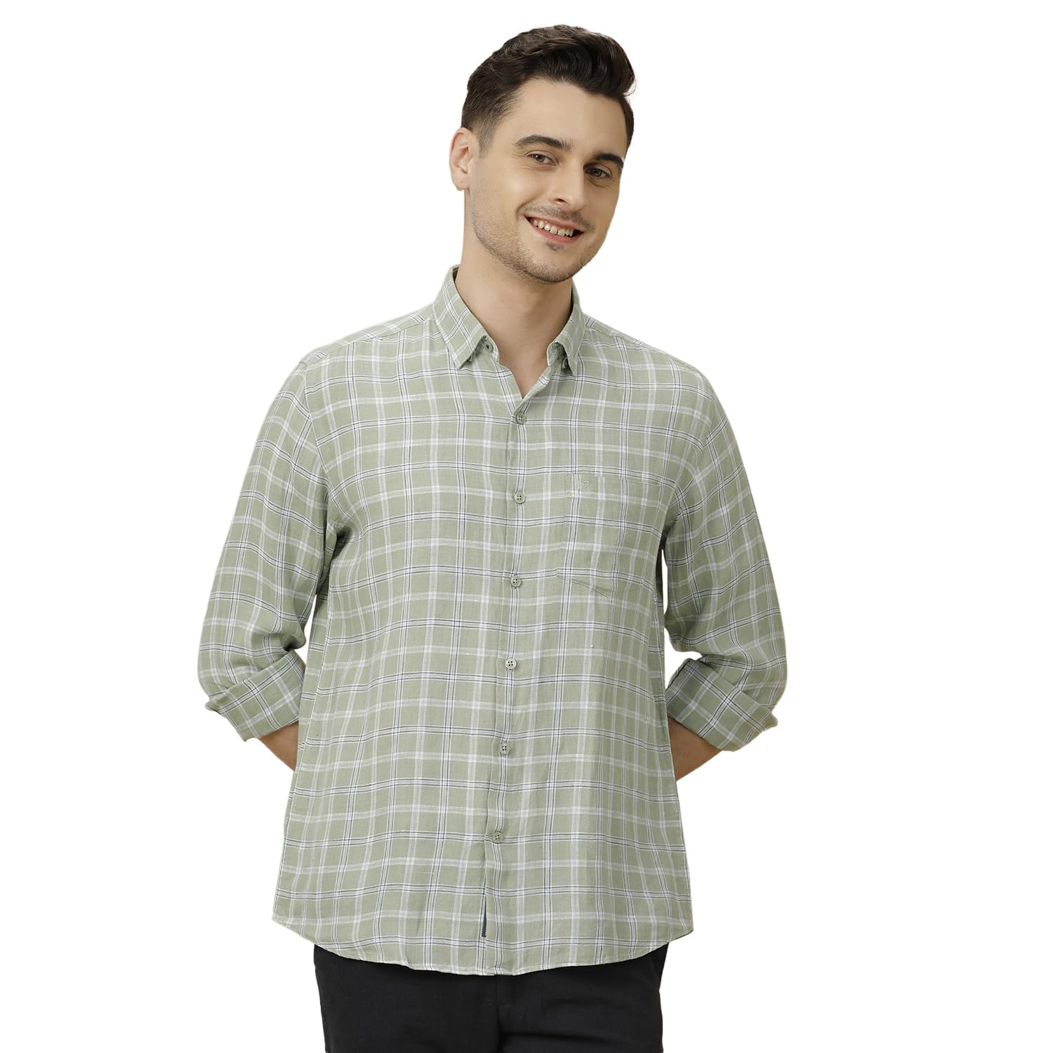 Linen Club Men's Pure Linen Green Checked Contemporary Fit Full Sleeve Casual Shirt
