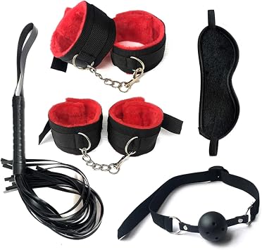 Plush Webbing Set, Adjustable Handcuffs-Eye Shield Combo Kit Red, 5 Pieces Set
