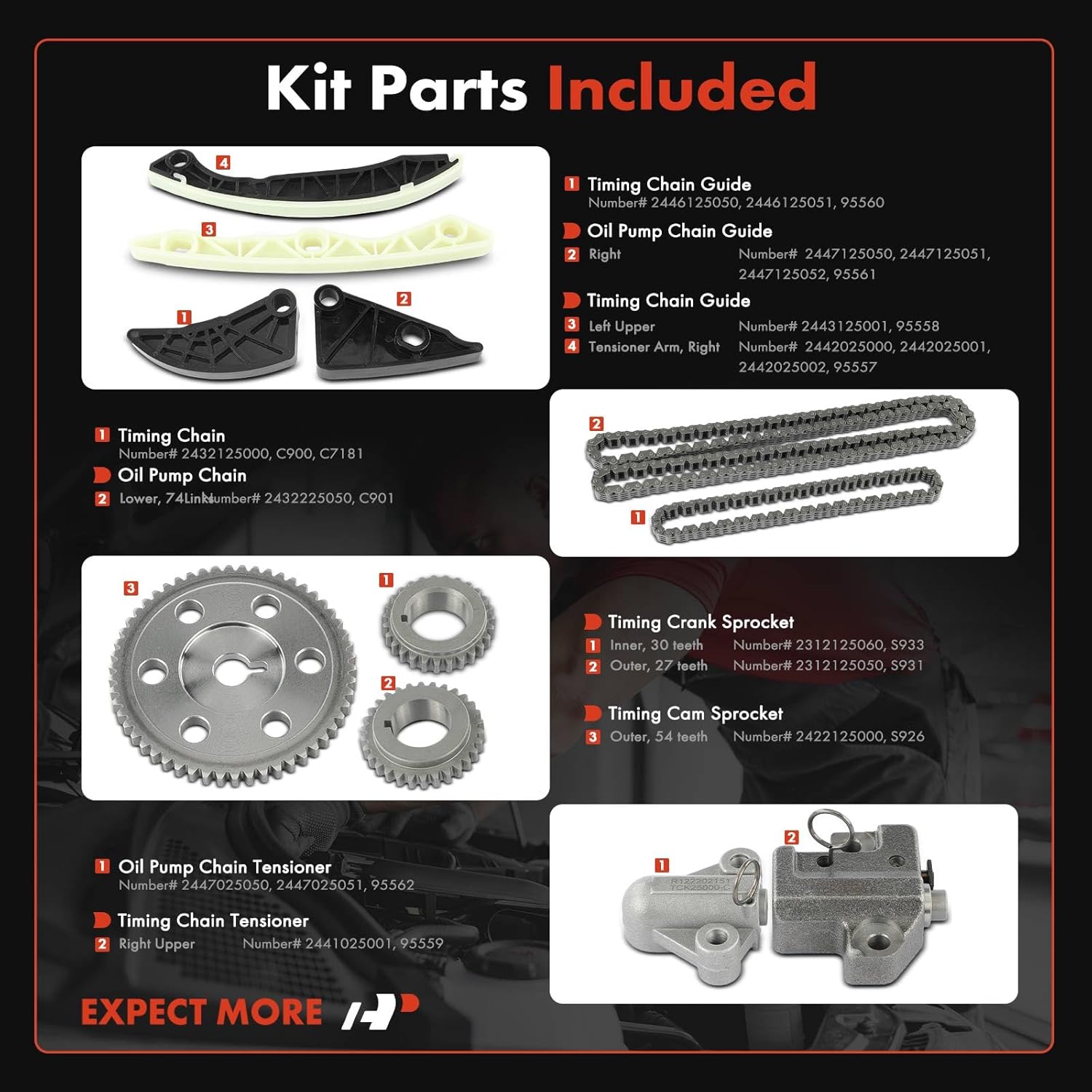 A-Premium Engine Timing Chain Kit W/Tensioner & Sprocket & Guide [fits DOHC, L4 2.4L] Compatible with Hyundai Sonata 2006-2007 & Kia Magentis 2007-2010, Optima 2006-2008, Rondo 2007-2008