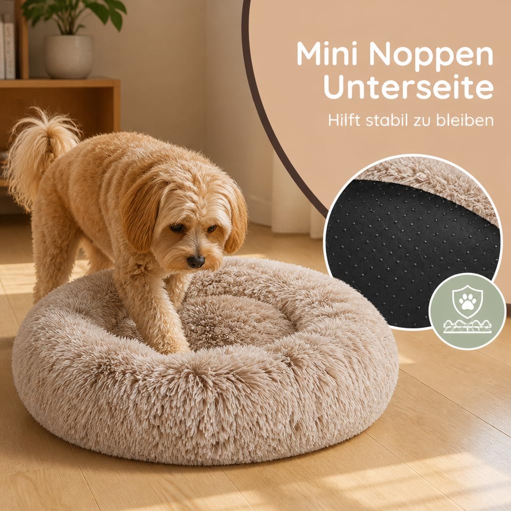 MIJOMA Cesto suave para perros, antideslizante, lavable, de felpa, redondo, diámetro 60 x 16 cm (beige)