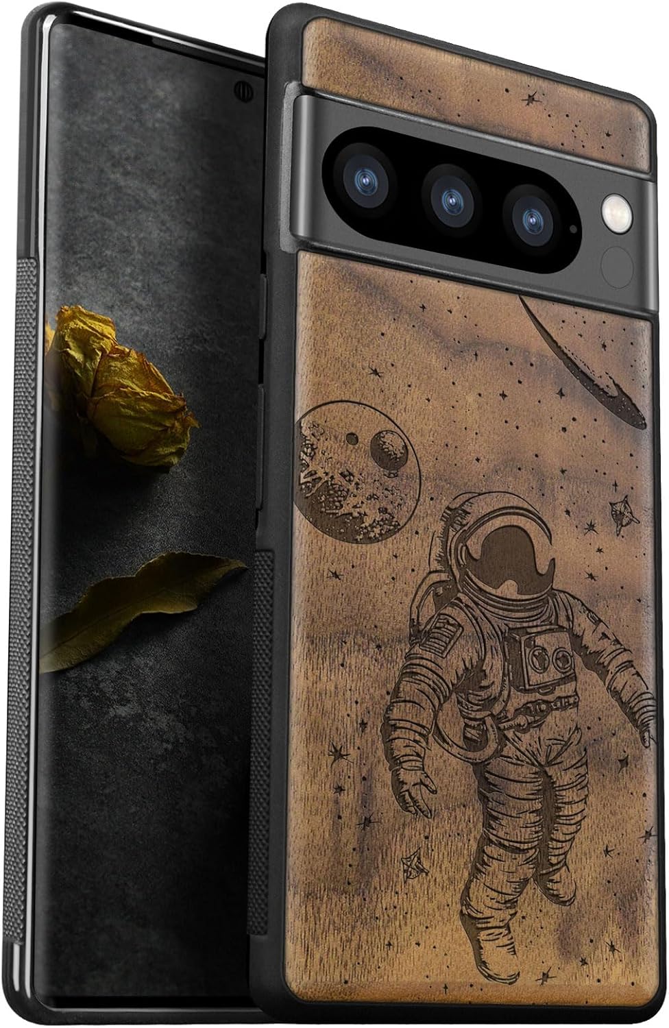 Carveit Wood Case for Pixel 8 Pro Case [Natural Wood & Black Soft TPU] Shockproof Protective Unique Wooden Cover Compatible with Google Pixel 8 Pro (Cosmic Wanderer-Walnut)