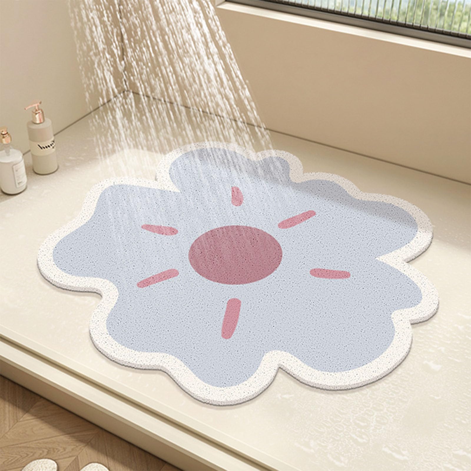 Indoor shower round shower mat with floral design, PVC sponge bathroom floor mat, anti-slip bathroom mat, anti-mildew shower mat with drainage hole, quick-dry (X,90 * 90cm)