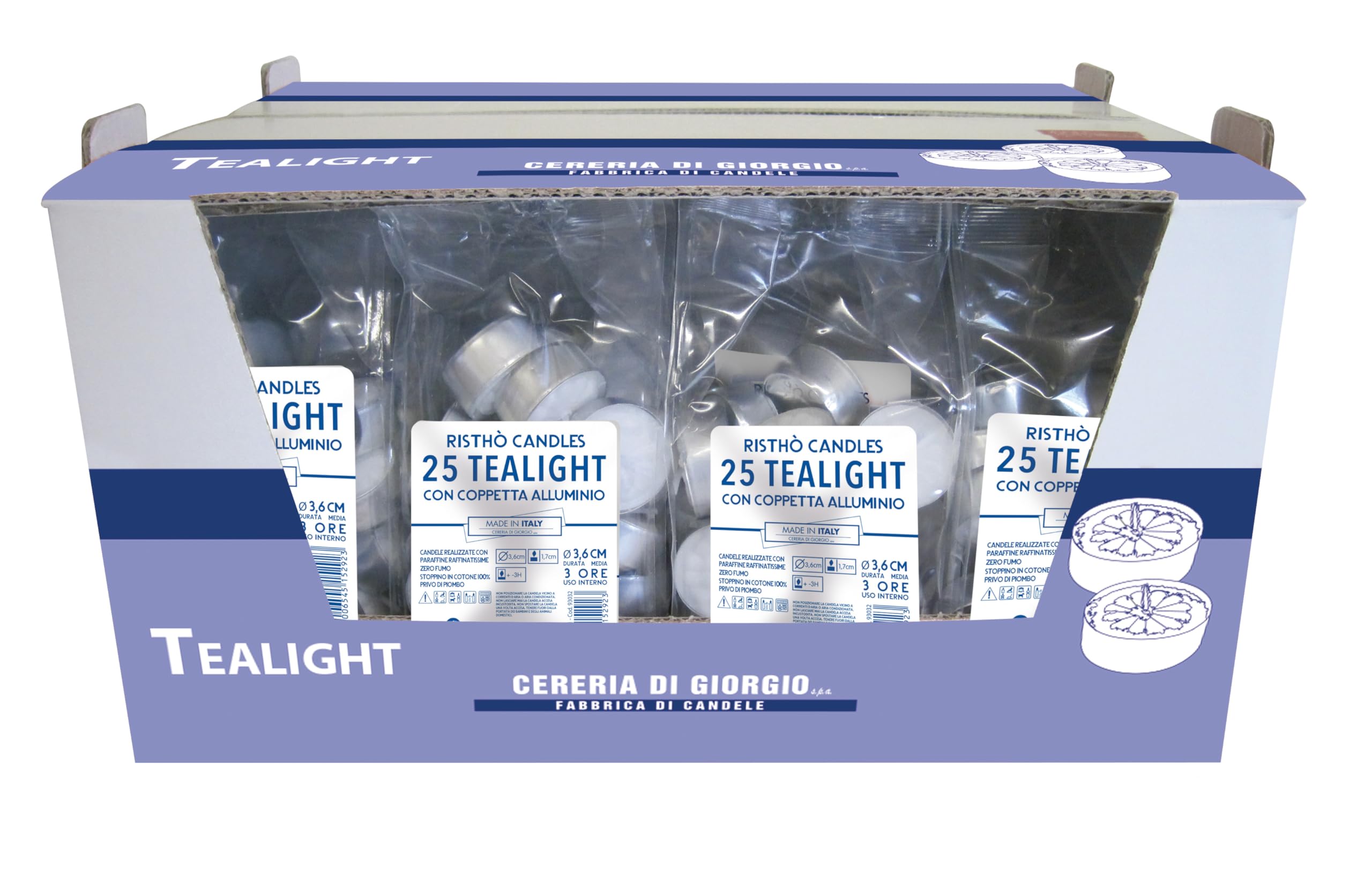 20 Packs of 25 Tealights with Aluminium Cup – 5 Hours Duration – Cereria Di Giorgio