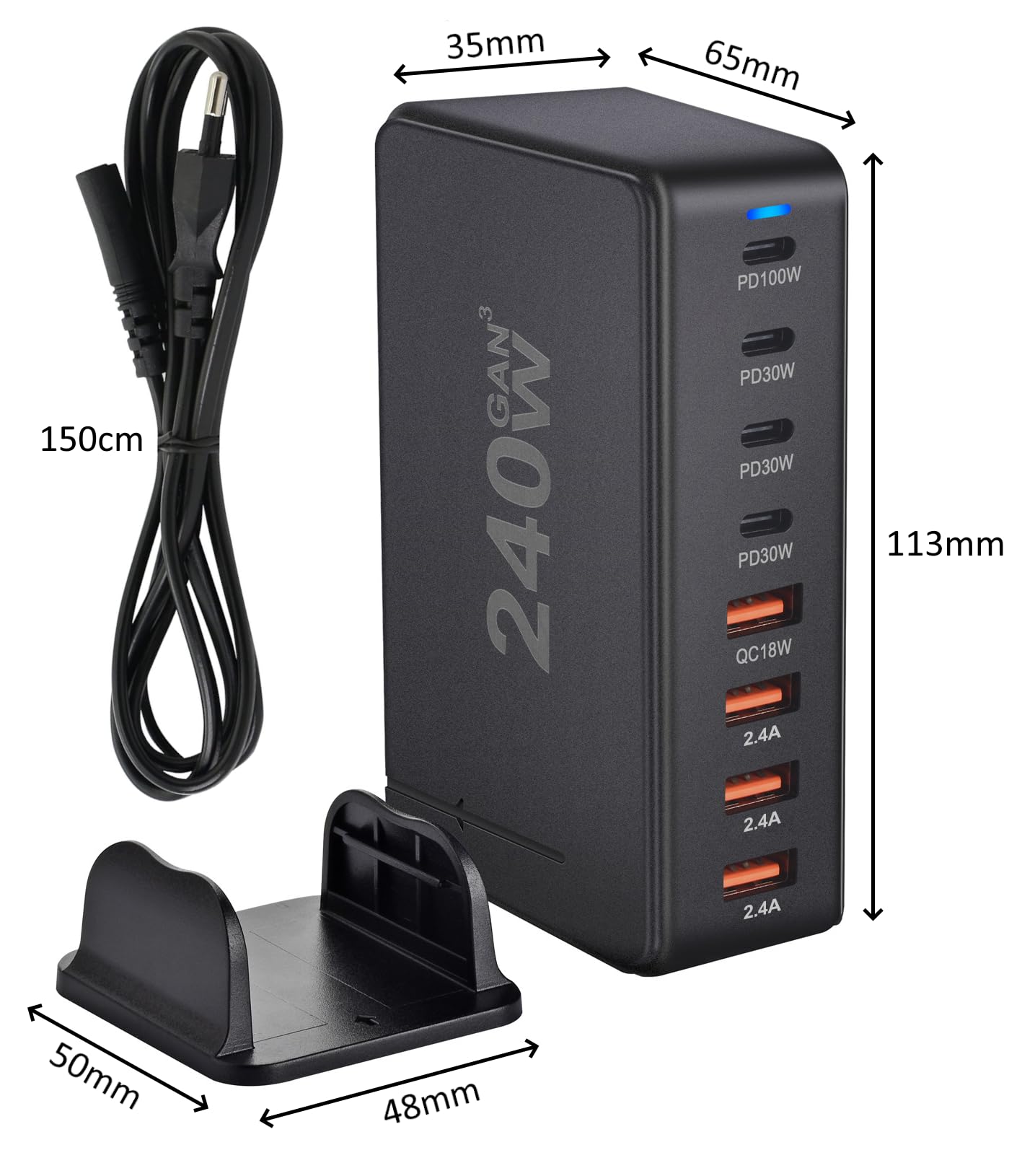 Gniazdo zasilania - Ładowarka 240 W z 4 portami USB-C (100 W/30W) i 4 portami USB-A (18W/12W) - Technologia GAN3 Szybkie ładowanie do komputera stacjonarnego