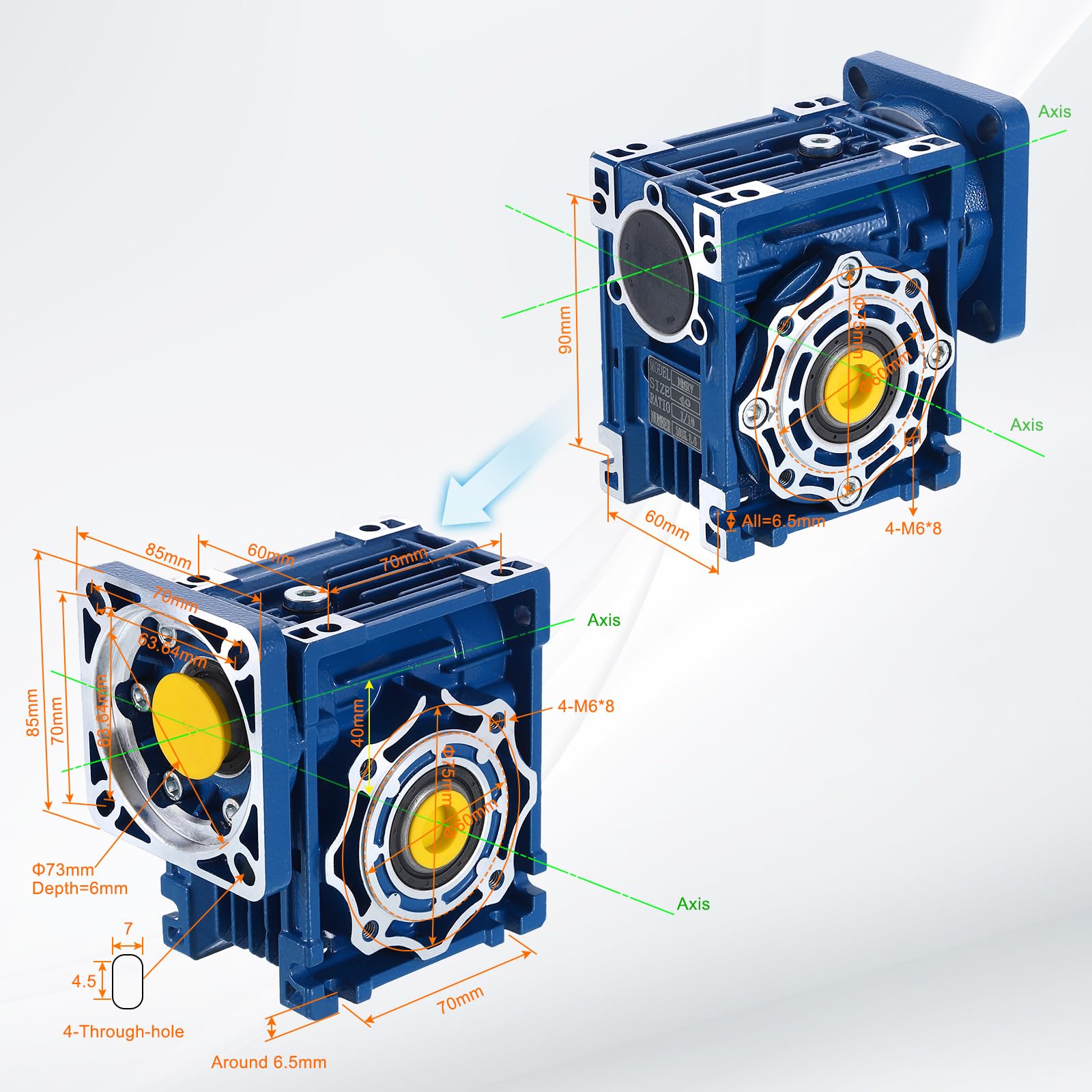 QUARKZMAN NMRV040 Schneckengetriebe Übersetzung 15:1 18mm Ausgangswelle Hochdrehmoment Schneckengetriebe Drehzahlminderer Für Nema34 Servomotor/Nema34 Schrittmotor Blau