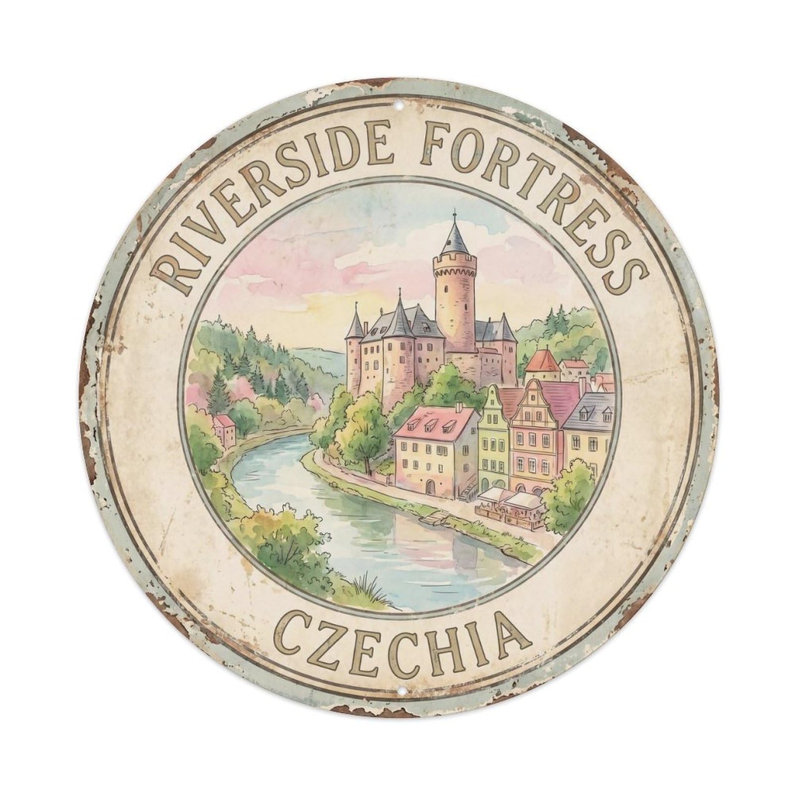 Vintage Travel Riverside Fortress Czechia Metal Tin Sign Plaque Wall Decor for Cafe, Club, Garden Round Metal Poster 8x8Inch