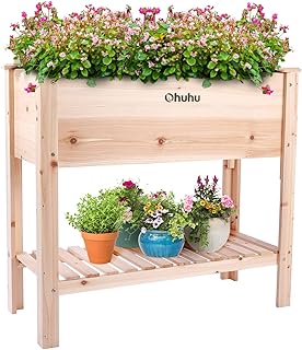 Raised Garden Bed with Legs, Ohuhu Elevated Wood Planter Box with Storage Shelf & Bed Liner, 35x16x32 Inch Raised Beds Out...