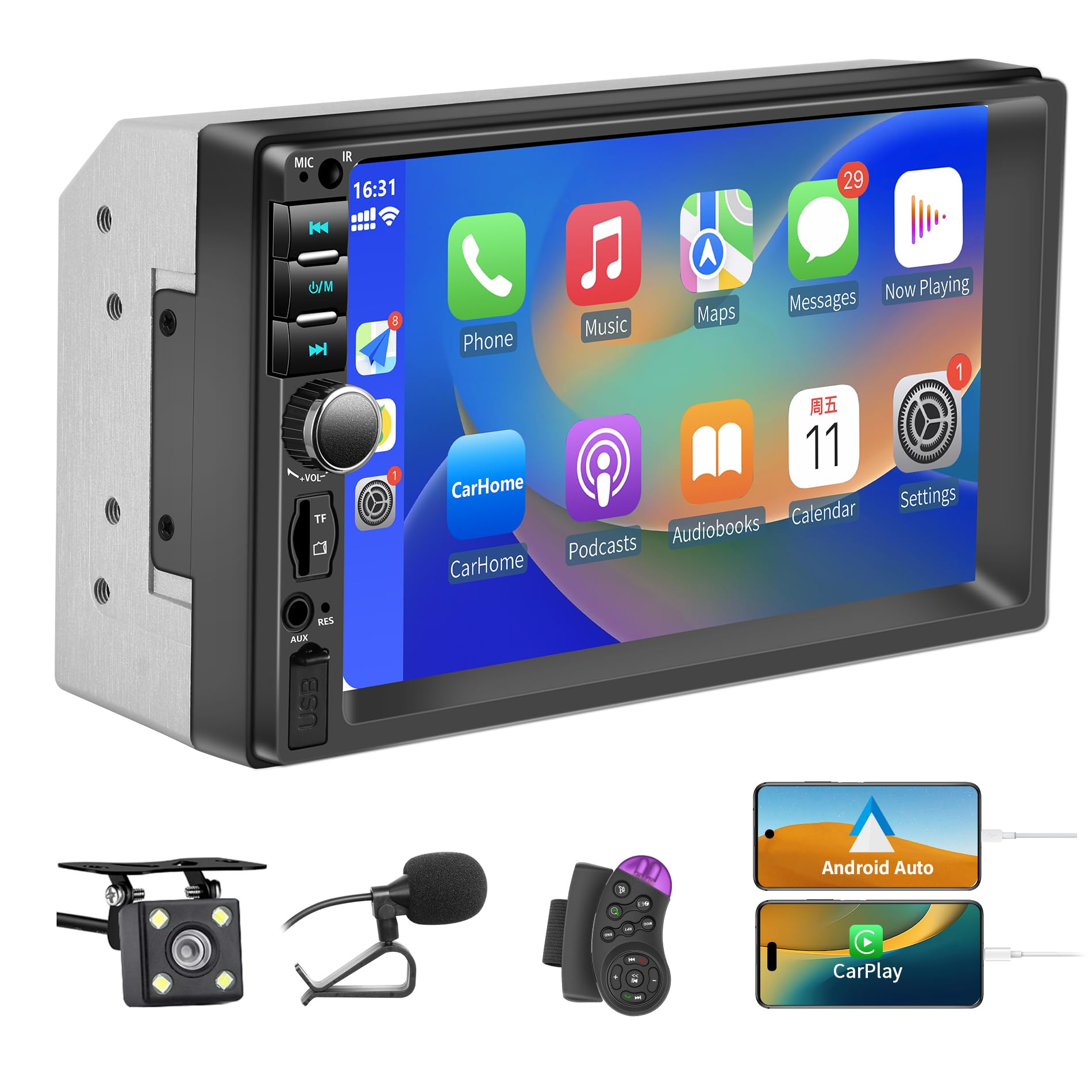 Radio de Coche Bluetooth 2 DIN con Carplay y Android Auto, 7 Pulgadas con Pantalla táctil 1080P Car Stereo soporta Manos Libres/FM/Mirror Link/Wheel Control/USB Port/AUX/EQ/TF/WMA (sin cámara trasera)