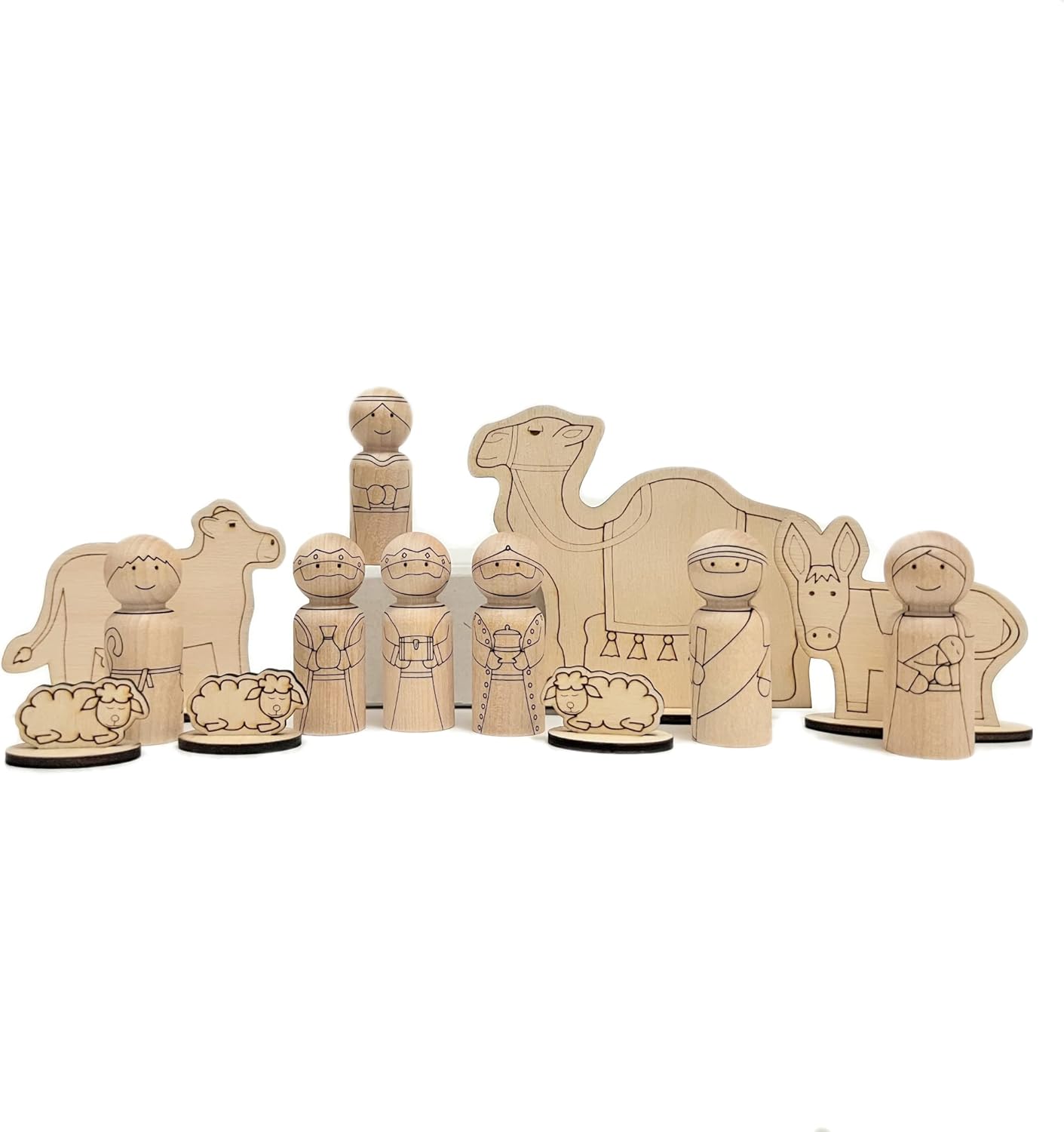 Christmas Peg Doll and Animal Nativity Set - Mary, Joseph, Angel, Shepherd, 3 Wise Men - Camel, Cow, Donkey, Sheep - DIY Color Your Own Wood Craft - Laser Engraved - Pegsies