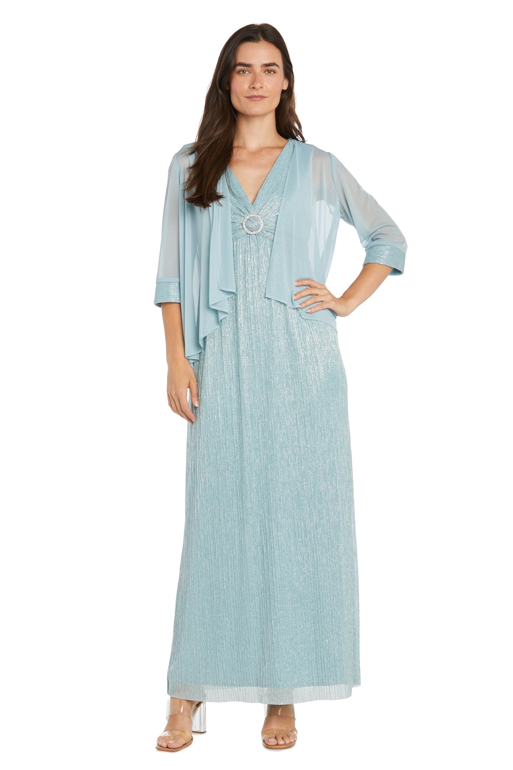 R&M Richards Women's Elegant Evening V-Neck Gown W/Matching Sheer Cover Up -2-Piece Formal Wedding Guest Cocktail Attire