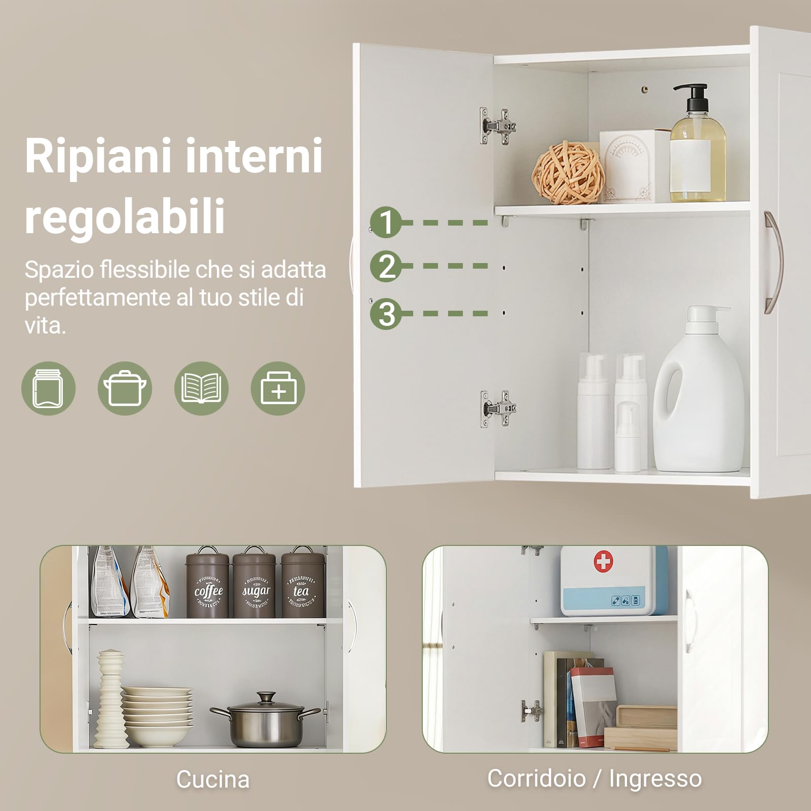 SoBuy Pensile Cucina Sospeso - Mobile Cucina con Ante Bianco Mobile Pensile da Muro Salvaspazio in Legno 60x30x60 cm con Ripiani Regolabili Dispensa Moderna FRG231-W
