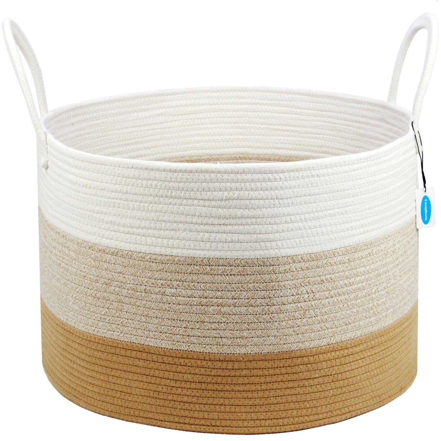 Casaphoria Cesto portaoggetti, cesto portabiancheria, 50,8 x 50,8 x 33 cm, cesto per coperte, cesto in corda di cotone, cesto portabiancheria, coperta per soggiorno (bianco e marrone sfumato