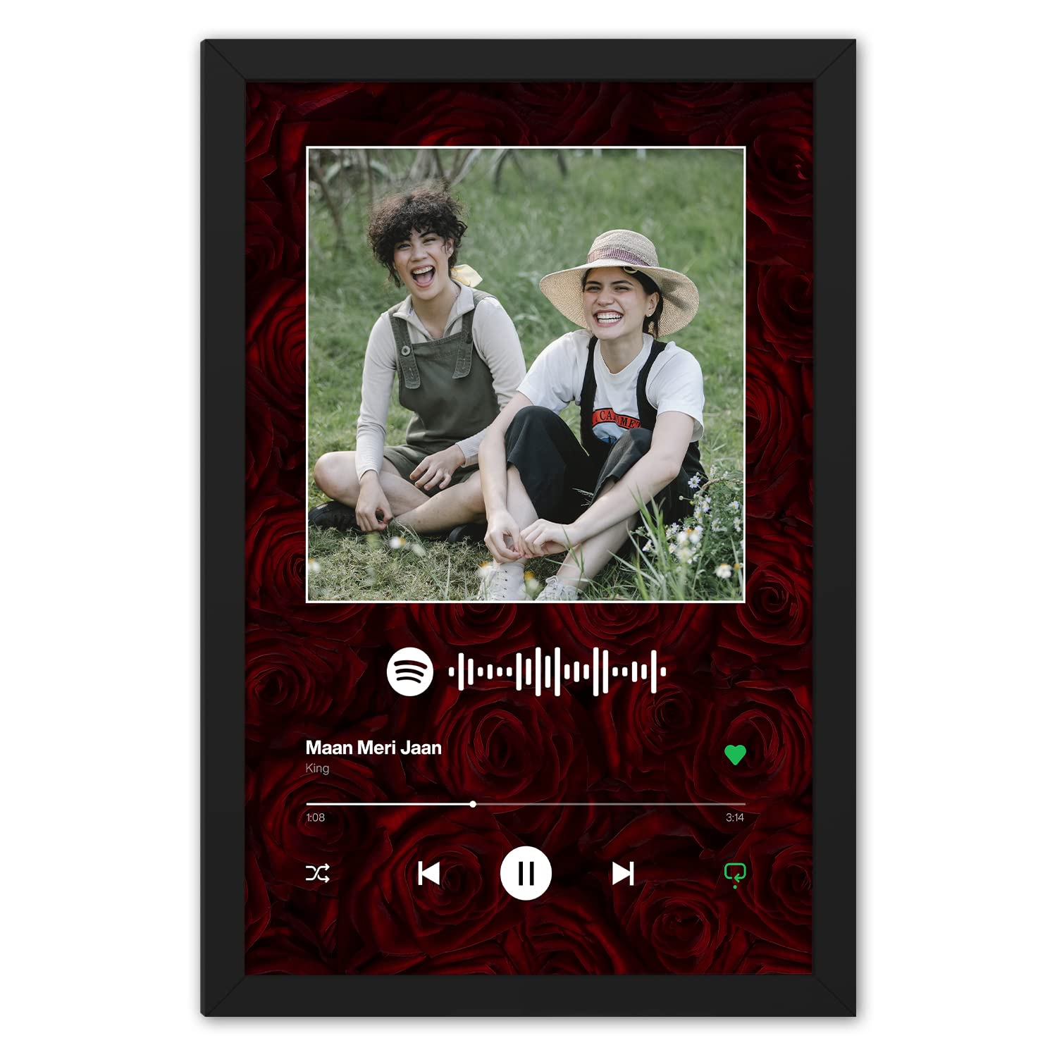 Personalized Premium Spotify Photo frame With Roses Background & Sonk Link QR code, Message, Name Print Synthetic Wooden Black Frame With Glass Wall Art, Size 9.5 x 13.5 IN, Set Of 1