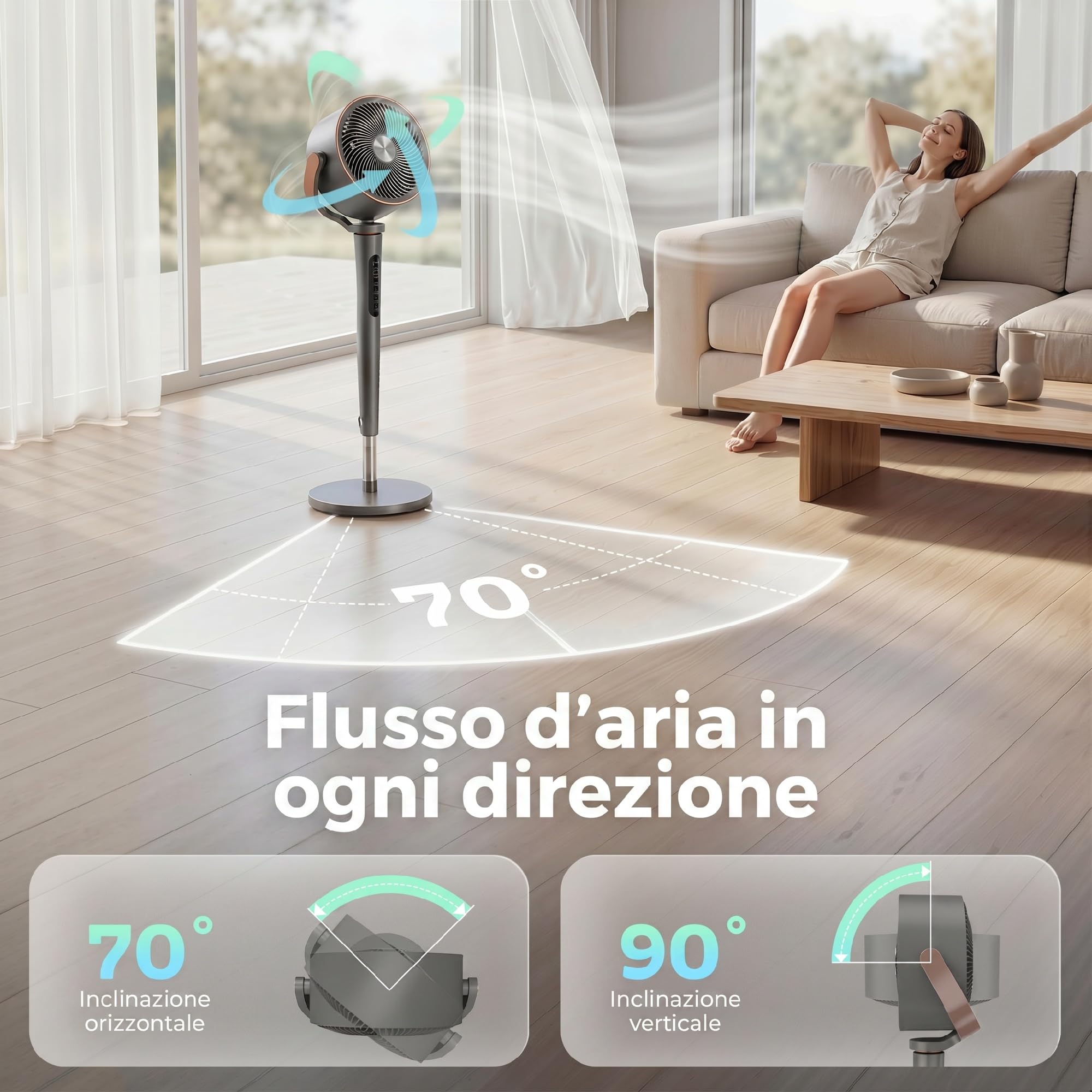 HOMCOM Ventilatore a Piantana Silenzioso 20dB, Ventilatore Camera da Letto, Oscillazione 70°+90°, Funzione Aromaterapia, Ionizzatrice, Motore DC, Telecomando, 12 Velocità, Timer12H, Altezza Regolabile