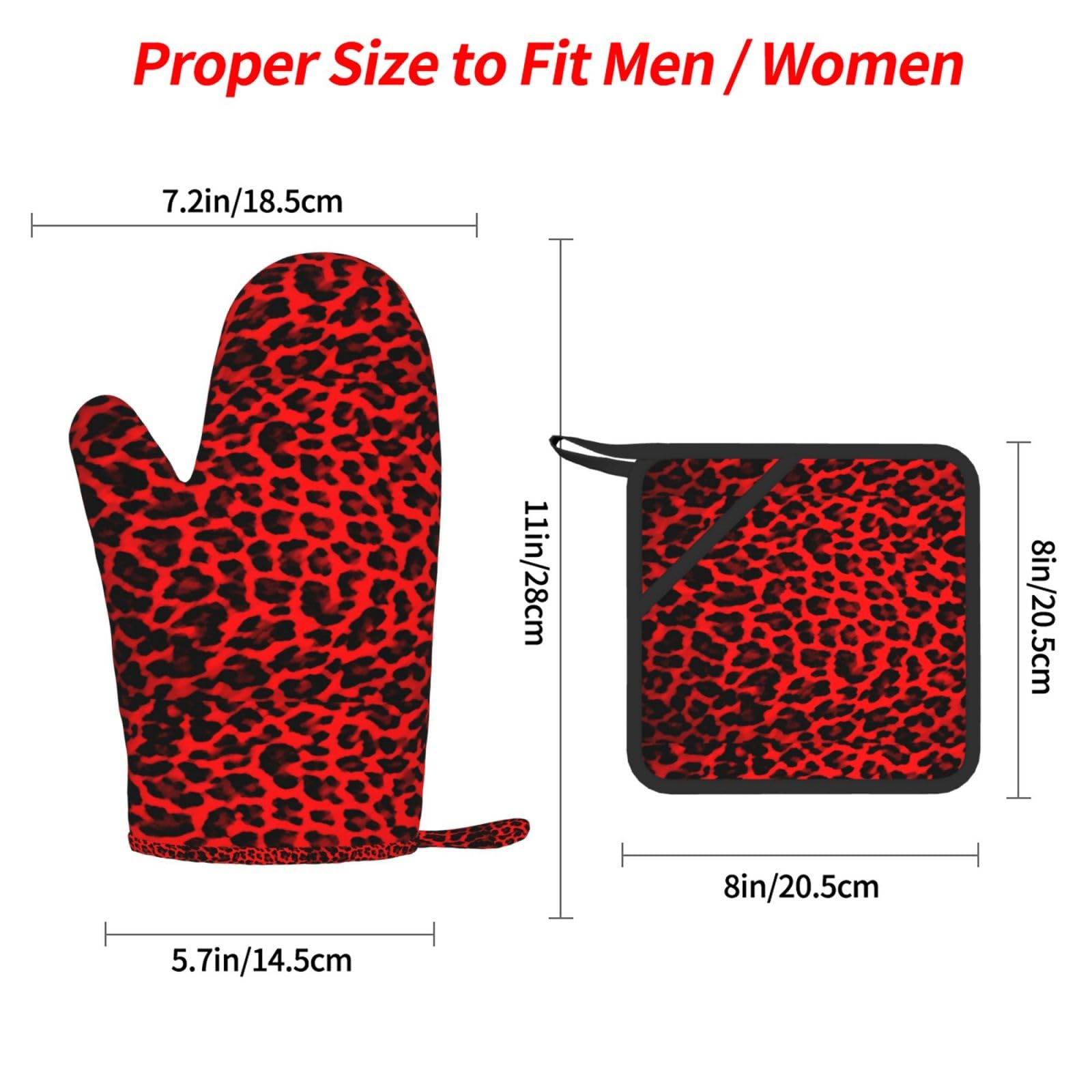 Ensemble de Quatre Gants et maniques résistants à la Chaleur, Gants de Cuisine antidérapants, maniques de Four, Motif léopard Rouge